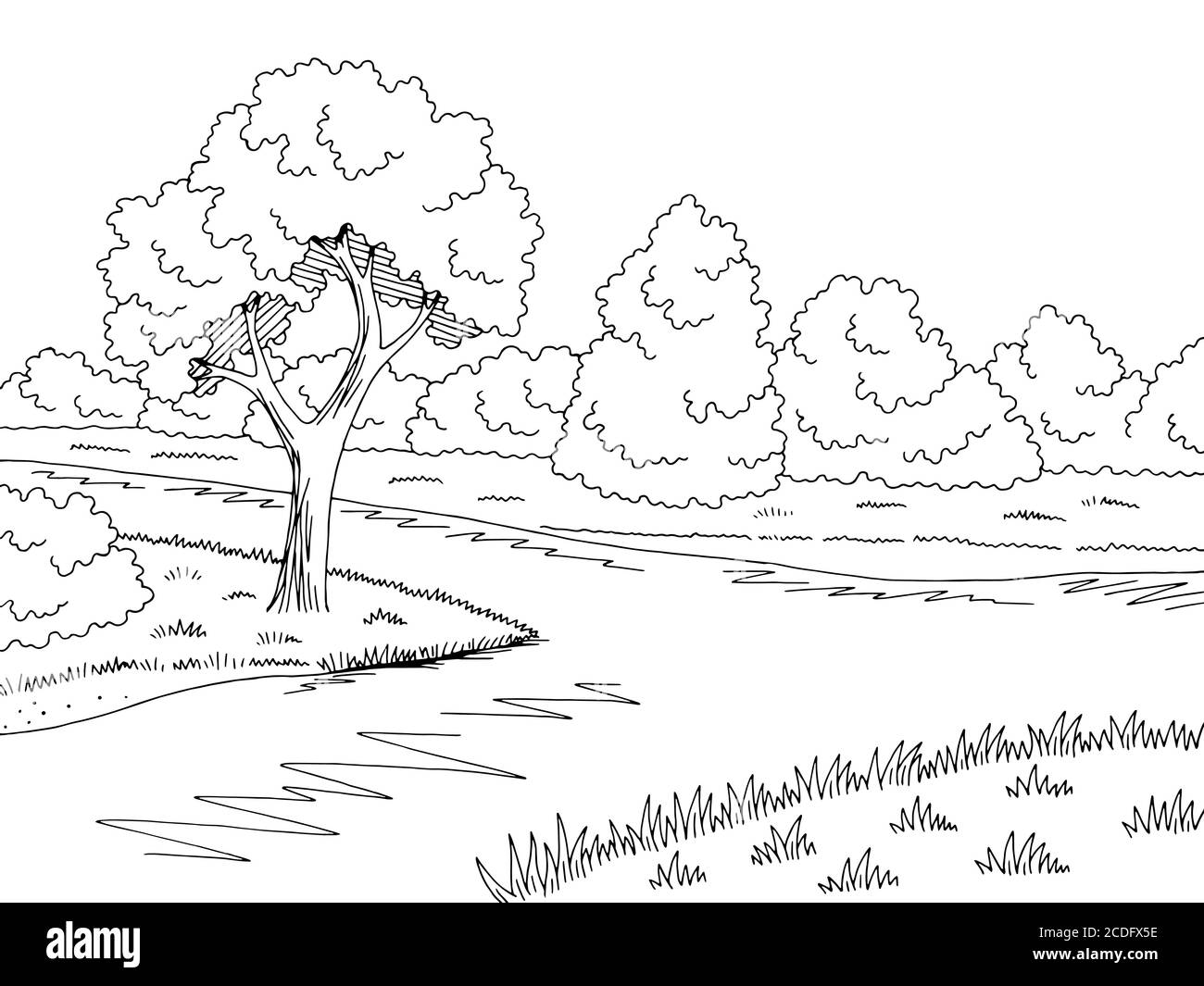 Wald Fluss Grafik schwarz weiß Landschaft Skizze Illustration Vektor Stock Vektor