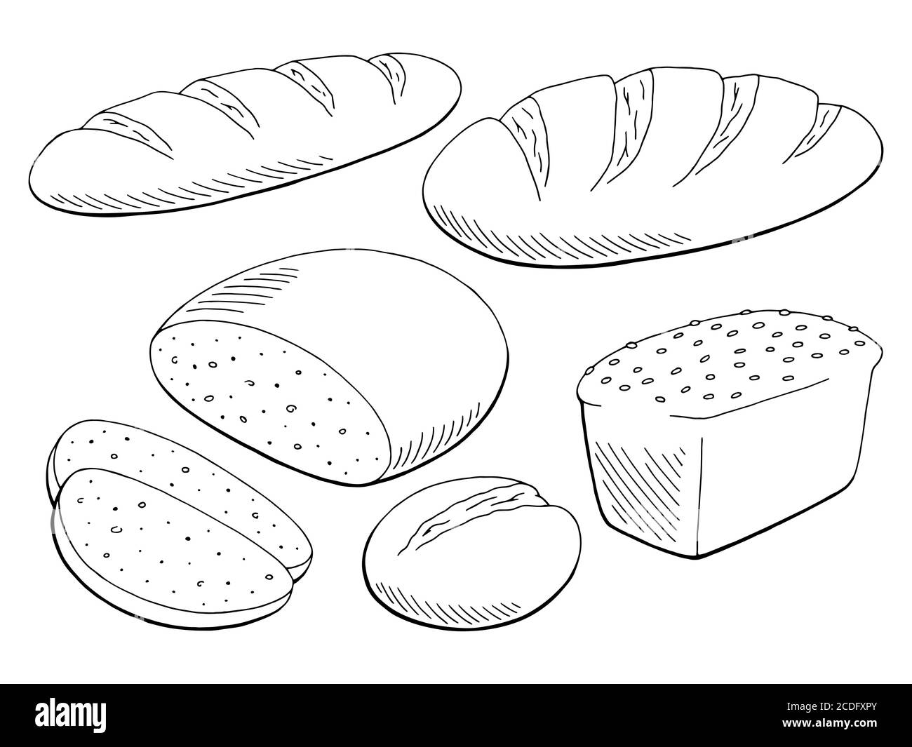 Brot Set Grafik schwarz weiß isoliert Lebensmittel Skizze Illustration Vektor Stock Vektor