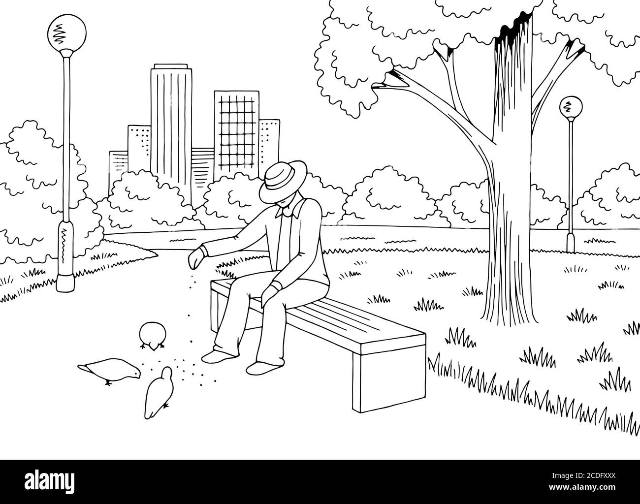 Park Grafik schwarz weiß Bank Lampe Landschaft Skizze Illustration Vektor. Alter Mann, der Vögel füttert Stock Vektor