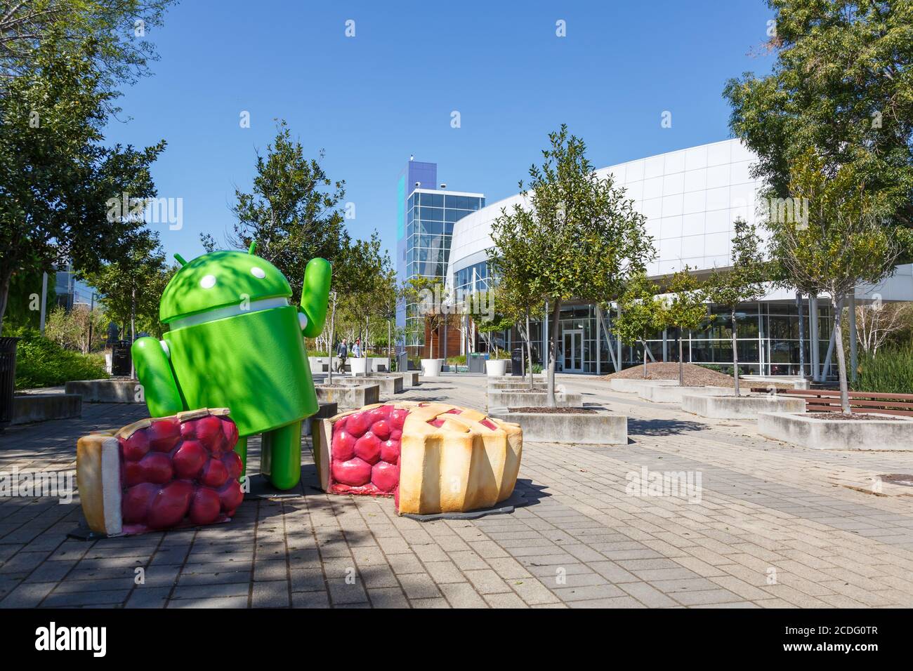 Mountain View, Kalifornien – 10. April 2019: Google Android Figur Hauptsitz HQ Googleplex Mountain View, Kalifornien. Stockfoto