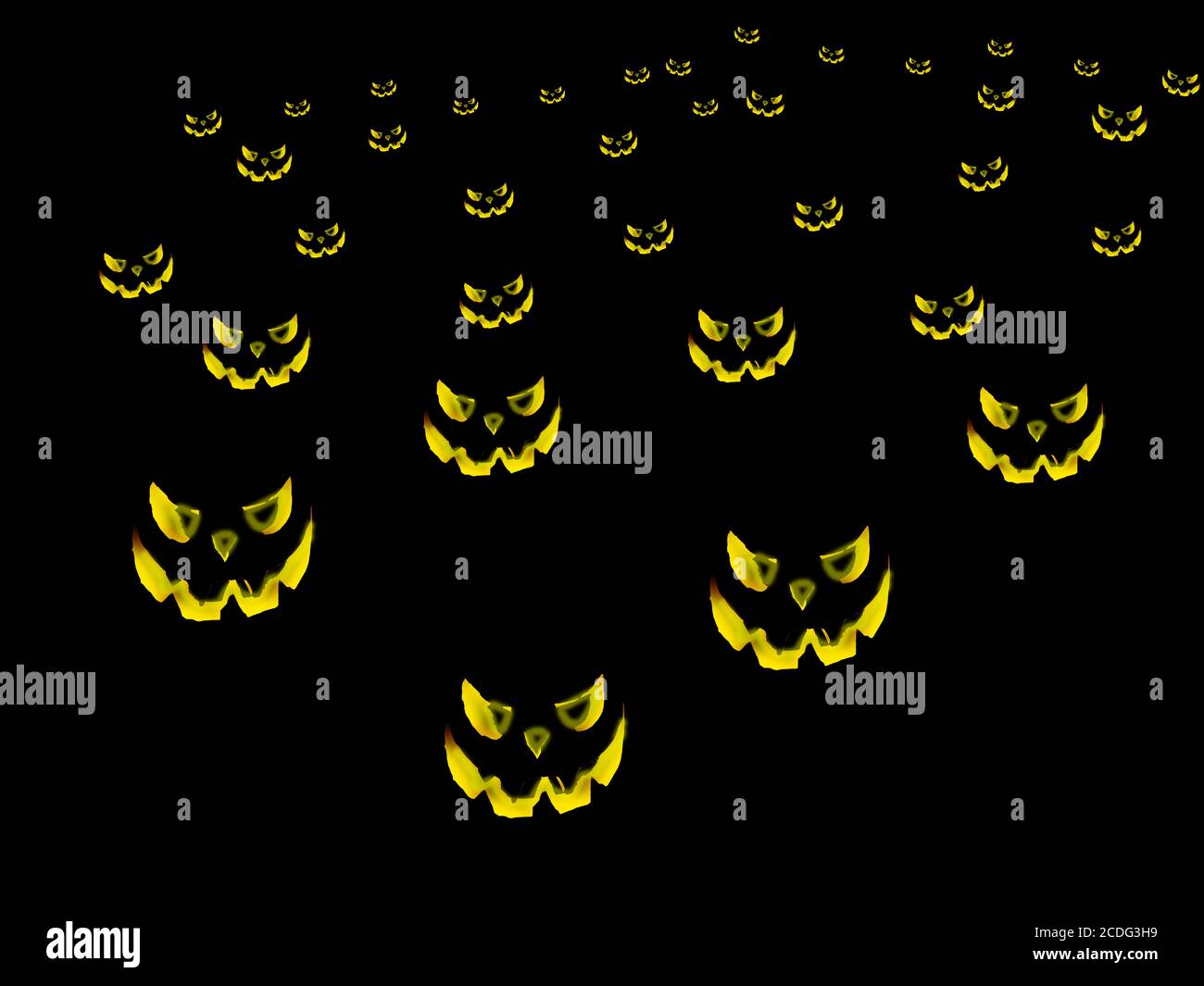 Lodernde weiß-heiße Geister gelbe Gesichter, halloween Kürbisse Herbst Konzept, viele verrückte lachende Gesichter sieht beängstigend und lustig Stockfoto