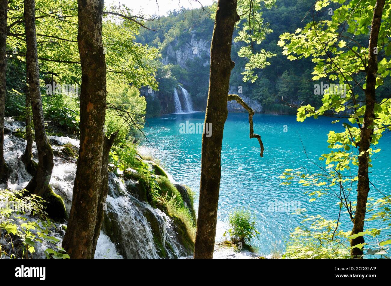 Plitvice, Kroatien-Juli 2019. Nationalpark Plitvicer Seen, schöne Landschaft mit Wasserfällen, Seen und Wald, Kroatien. Familienziel Stockfoto
