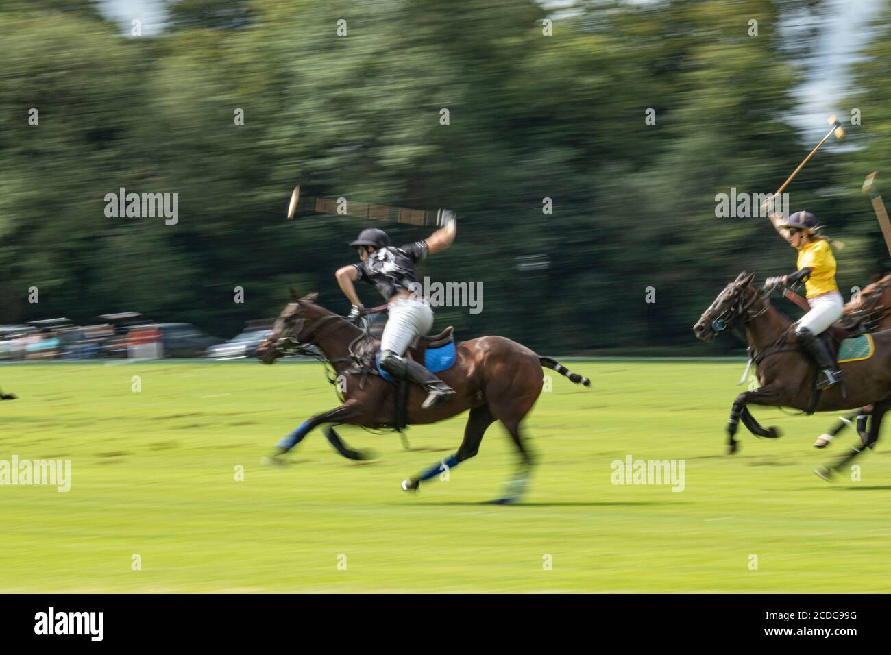 Polo-Spieler, die an einem Wettkampfspiel im Cirencester Park in Gloucestershire teilnehmen. Bekannt als "der Sport der Könige". Ein Spiel besteht aus 8 Chukkas. Stockfoto