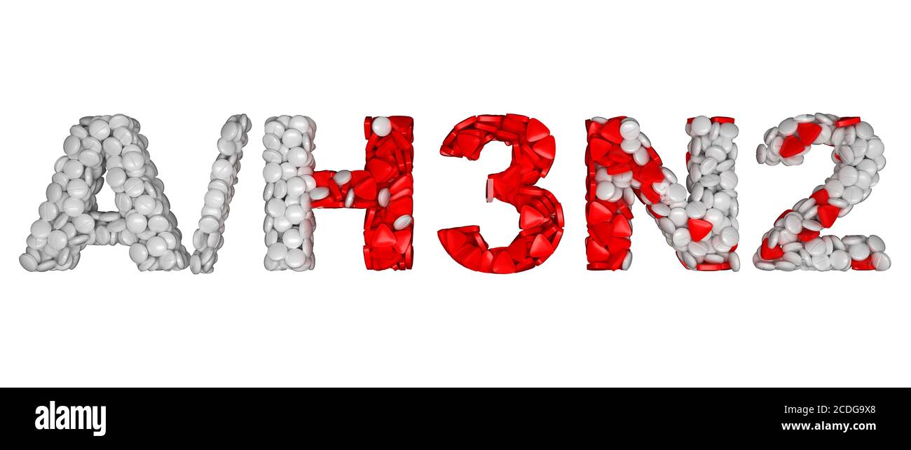 Schweinegrippe H3N2 Epidemie - Wort mit Pillen zusammengesetzt Stockfoto