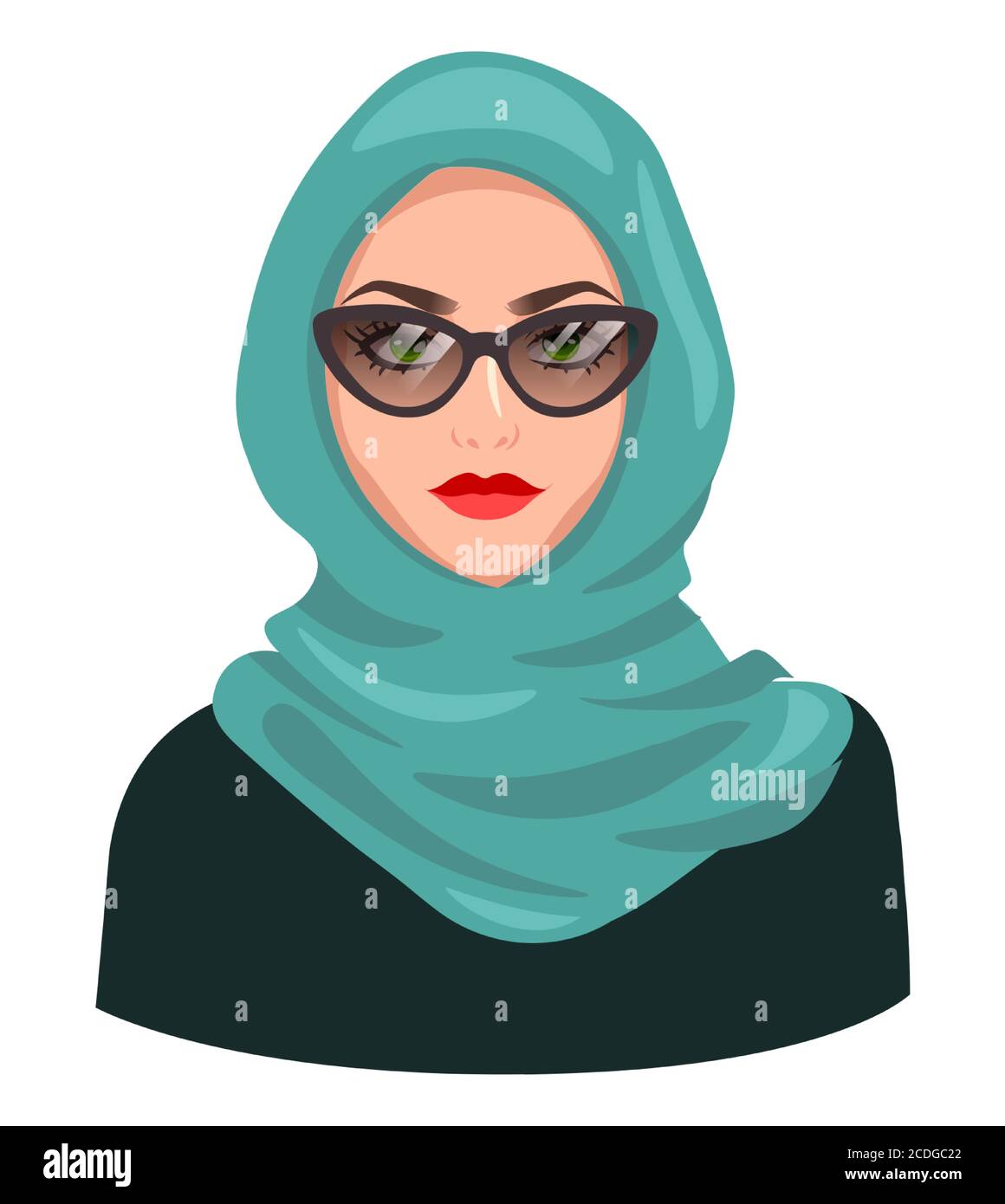 Muslimische Frau Avatar, isoliert auf weiß. Junge arabische Mädchen trägt Hijab und Sonnenbrille. Cartoon weibliche Porträt, flache Vektor-Illustration Stock Vektor