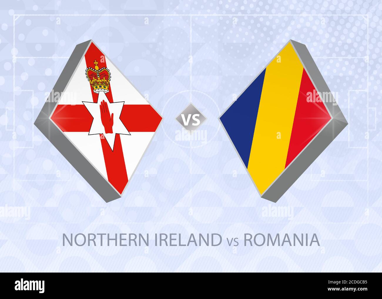 Nordirland gegen Rumänien, Liga B, Gruppe 1. Europäische Fußball-Wettbewerb auf blauem Fußball Hintergrund. Stock Vektor