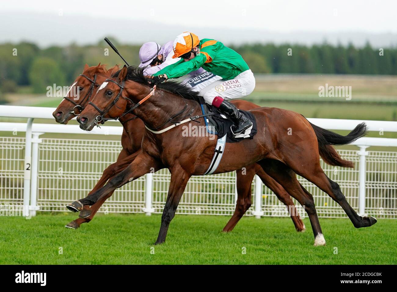 Oisin Murphy mit Lone Eagle (rechts) gewinnt das britische Hengstgestüt EBF Novice Stakes auf der Goodwood Racecourse. Stockfoto