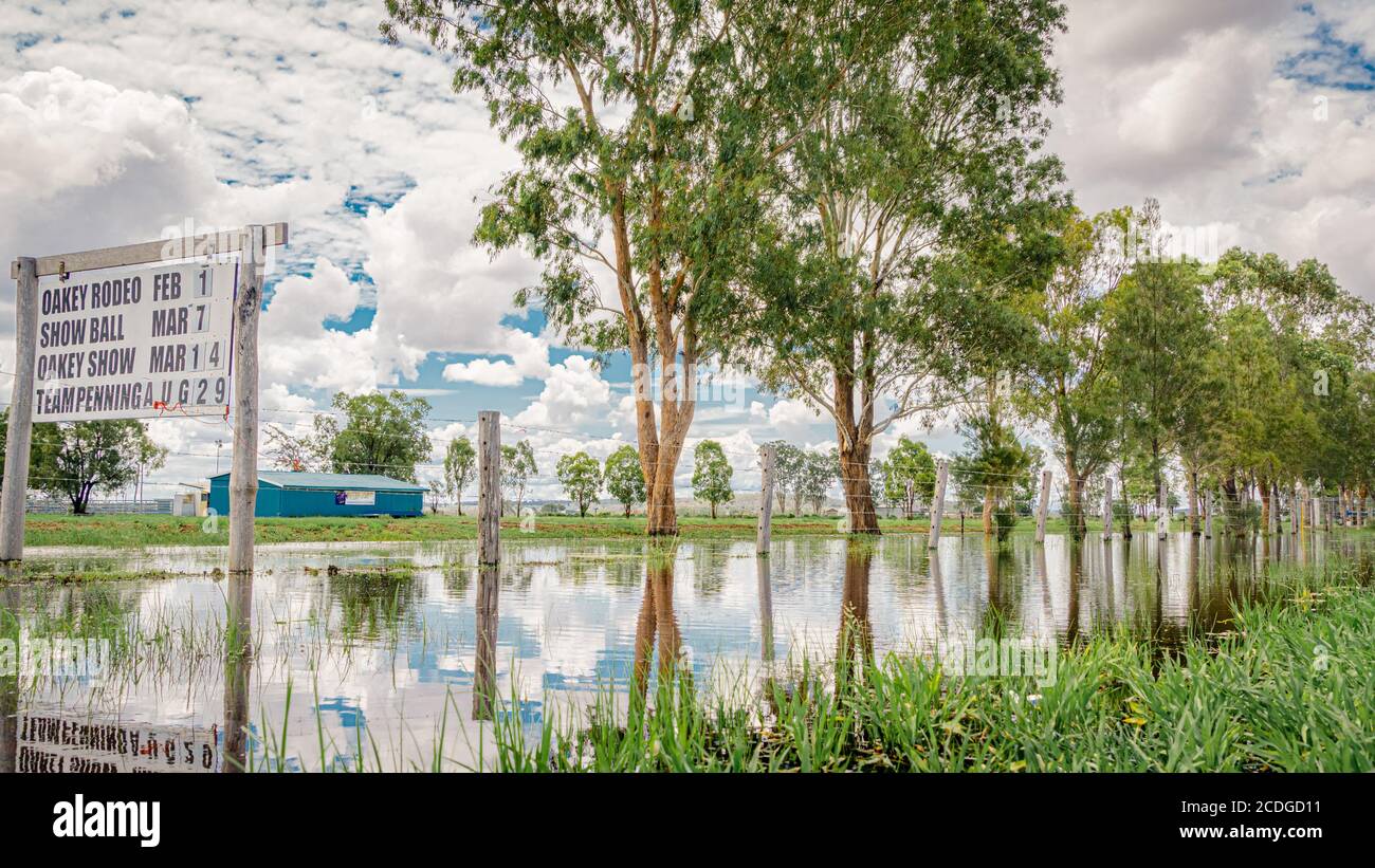 Überflutete Gewässer bedecken einen Straßenrand und spiegeln Bäume und Zäune im ruhigen Wasser wider. Eine dramatische, ruhige Aufnahme von ländlicher Überschwemmung und ruhigen Spiegelungen. Stockfoto