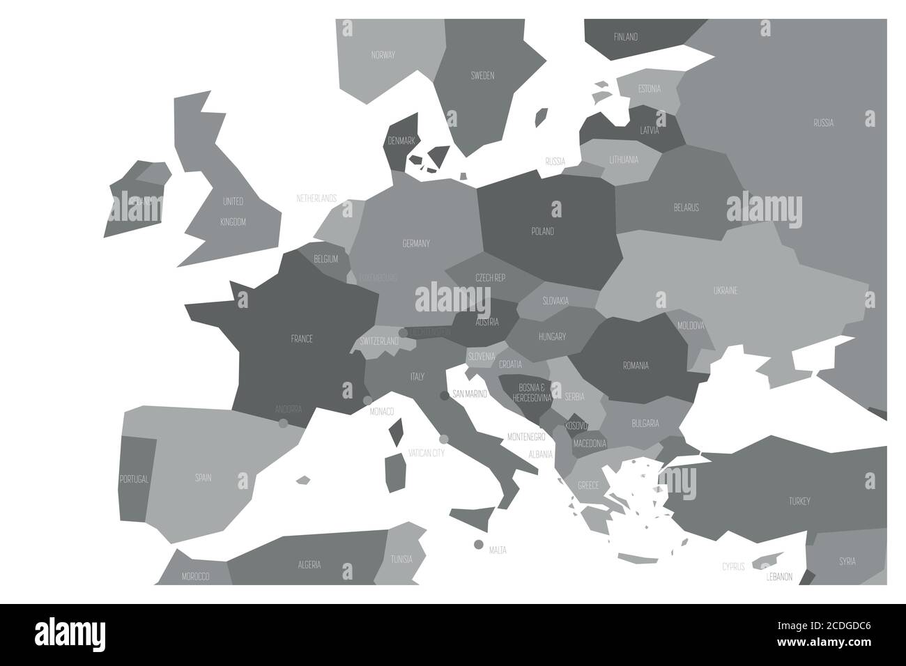 Politische Karte von Mittel- und Südeuropa. Simlified schematische Vektorkarte in vier Graustufen. Stock Vektor