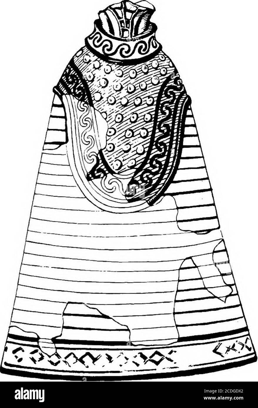 . Der Palast von Minos: Ein vergleichendes Konto der aufeinanderfolgenden Stadien der frühen kretischen Zivilisation, wie durch die Entdeckungen in Knossos illustriert. .^ siehe unten, S. 541, Abb. 393. Siehe unten, S. 542. Abb. 394. Einige parallele Reliefs, die Gesteinsarbeiten darstellen, zeigten Spuren von Weiß und Blau. M. M. ill: DIE SCHLANGENGÖTTIN UND RELIQUIEN 523 EIN paralleles Fragment, in diesem Fall zu einem Flachbodenbecken, Tonbecken mit Felsarbeit und einer triton-Schale im Relief, ist in Abb. 381. Gefäße ^j^i^dieses letzteren Typus, geschmückt mit Subjekten dieser Art, die die ^^^P^^vertrauten Formen wiedergeben Stockfoto