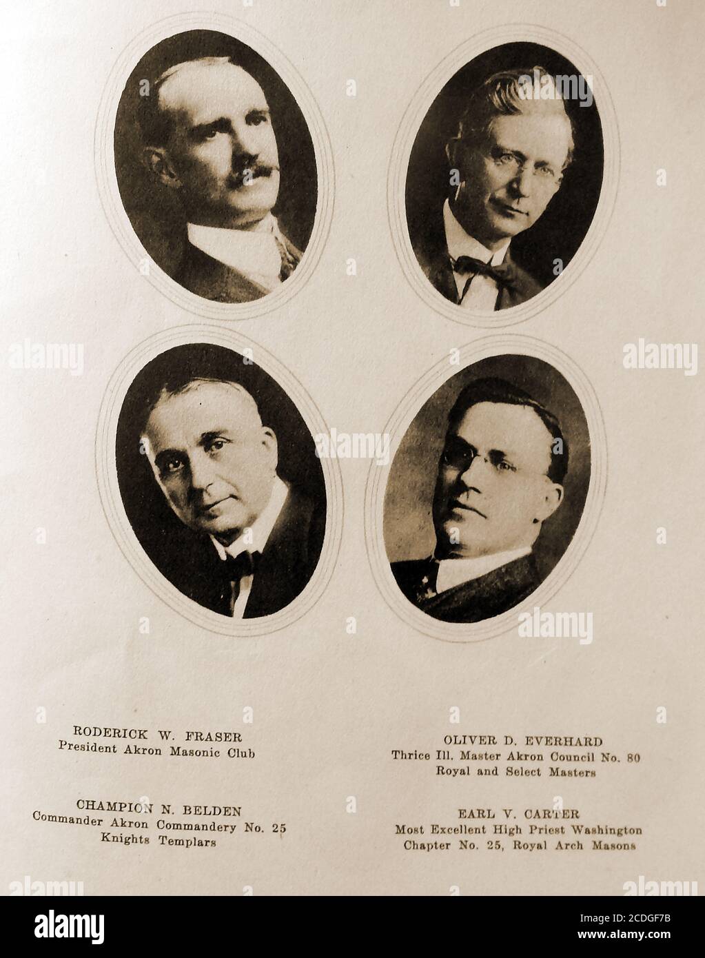 Greystone Hall - 1918 Illustration aus dem Gedenkheft zur Eröffnung des neuen Freimaurertempels in Akron, Ohio, USA, mit Porträts von Roderick W Fraser, (Präsident des Freimaurerclubs Akron); Champion N Belden, (Kommandant Akron Knights Templar); Oliver D. Everhard (Meister, Königliche und ausgewählte Meister) und Earl V. Carter (der beste Hohepriester - Kapitel des Königsbogens) Stockfoto