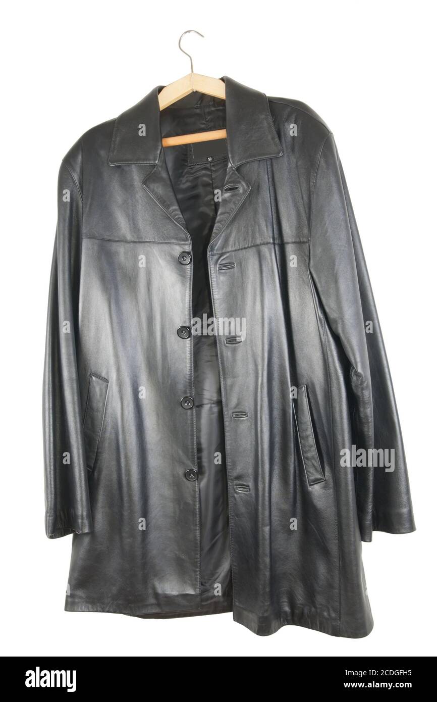 Lange schwarze Leder-Regenjacke Stockfoto