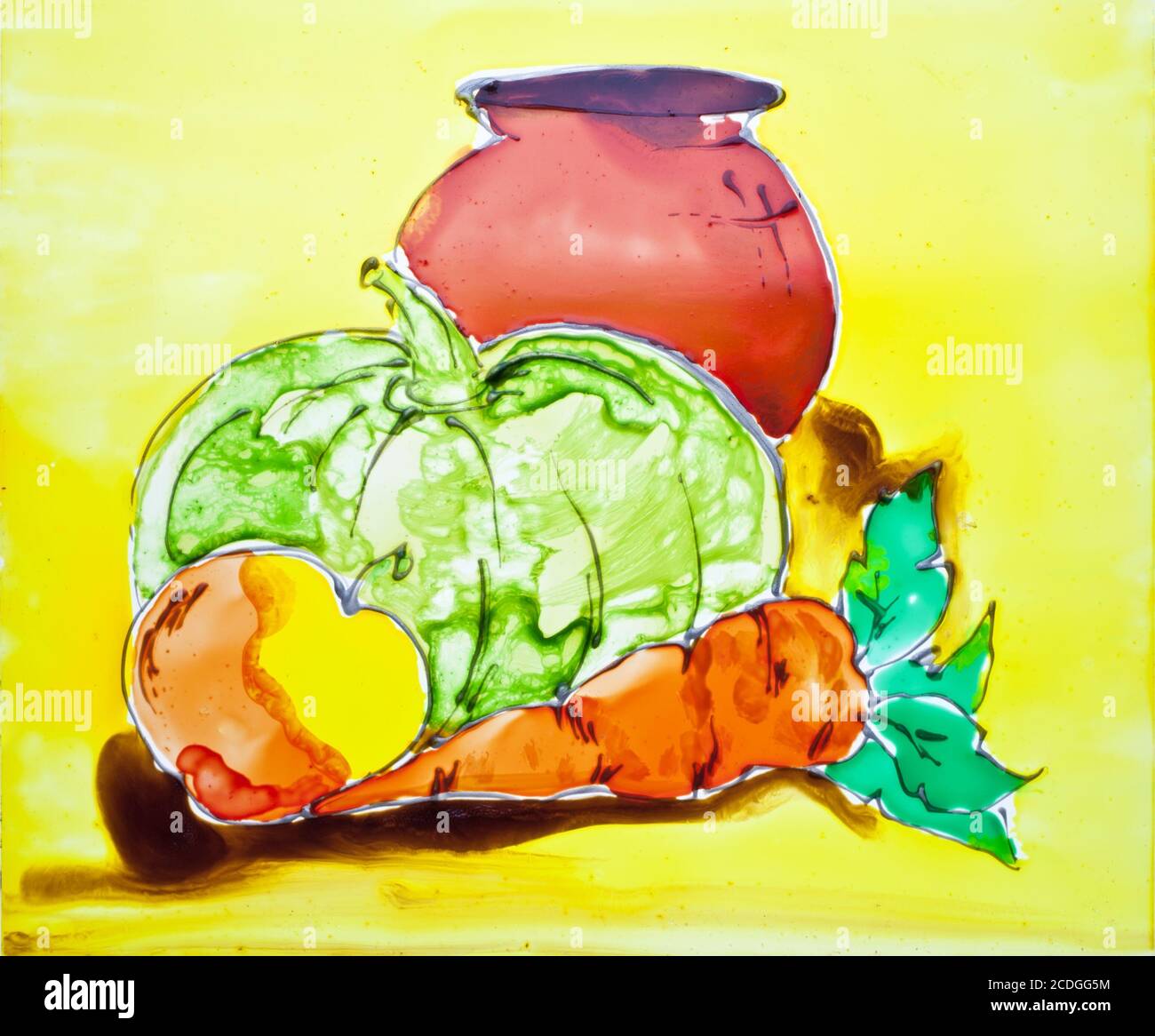 Karotten, Kürbis, Apfel und Krug werden durch durchscheinende Farben auf Glas gezogen Stockfoto