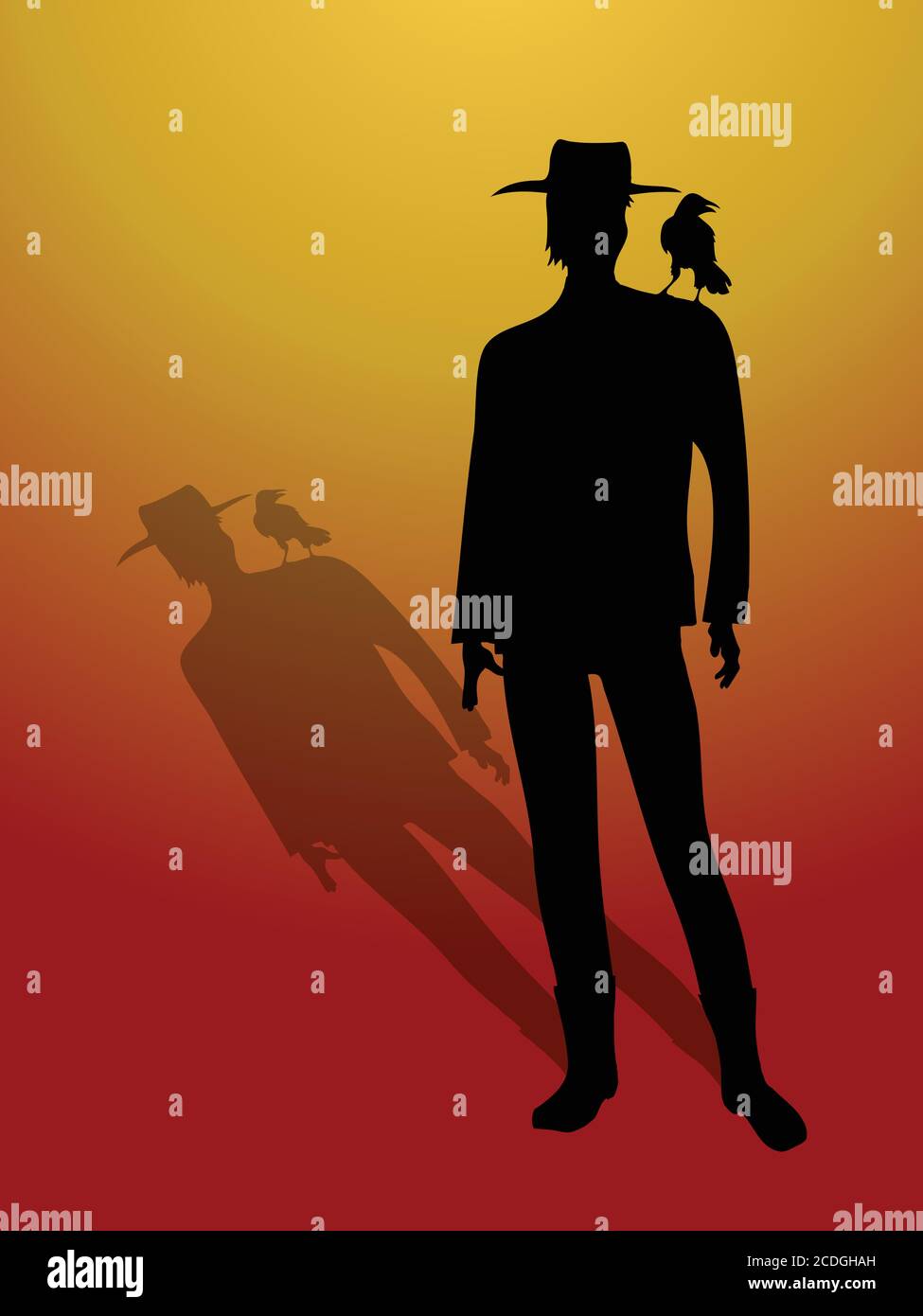 Schwarze Handgezeichnete Silhouette Des Mannes Mit Hut Und Krähe Auf Der Schulter Mit Schatten Über Rot Und Gelb Gradient Hintergrund Stock Vektor