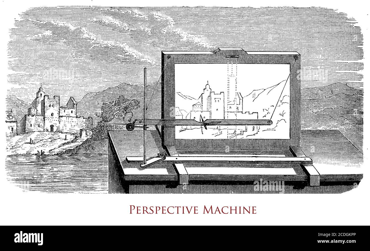 Perspektivische Maschine, mechanisches Instrument, das Künstlern dabei hilft, perspektivische Zeichnungen zu erstellen, die durch einen Holzrahmen mit einer straffen Schnur entstehen, die durch sie führt, um die Blickrichtung des Betrachters darzustellen. Stockfoto