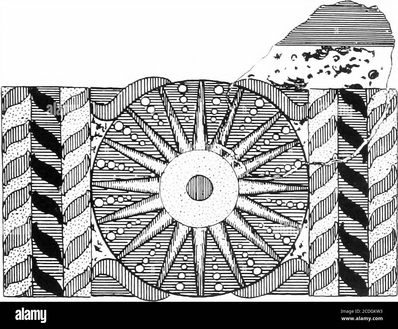 . Der Palast von Minos: Ein vergleichender Bericht der aufeinanderfolgenden Stadien der frühen kretischen Zivilisation, wie durch die Entdeckungen bei Knossos veranschaulicht. Der Männer, die im Spiel verwendet werden. Das Stück in Abb. 342 b ist von besonderem Interesse, da das auf seiner Basis eingehäkelte Design eher als religiös bedeutsam angesehen werden kann. Der Rayedcircle, der einen inneren Kreis umgibt, ist eine der Astraltypen, die sich nach dem kretischen Signatar sehnen, die als stellare oder rayedsolare Symbole rekogiert wurden.^ Else-wo wir sehen, wie der äußere Rayed Circle zu einem Rad wird, dem Fou Stockfoto