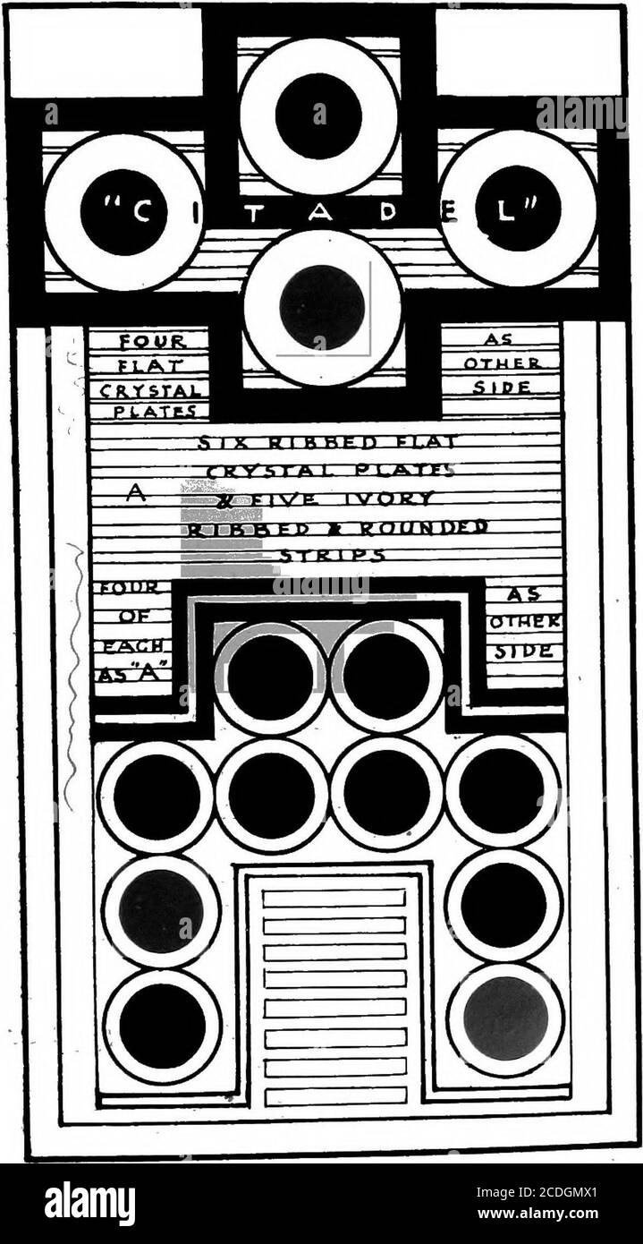 . Der Palast von Minos: Ein vergleichendes Konto der aufeinanderfolgenden Stadien der frühen kretischen Zivilisation, wie durch die Entdeckungen in Knossos illustriert. Abb. 338. Linke obere Ecke des Königlichen Draft-Board. Aus Kristall mit silbernen Platten, abwechselnd mit fünf vergoldeten Elfenbein.^Trennen Sie, was wir als die Zitadelle von einem anderen Gehäuse betrachten können, mit einer breiten Bastion vor und zwei Flügeln, die flachen Elfenbeintafeln, von denen ^ die Kristallstäbe flach sind, Die Elfenbeinfarben sind oben abgerundet. Die Elfenbeinbarren waren noch largelycovered vs^mit ihrer dünnen Vergoldung. M. M. ILL: DIE TEMPELREPOSITORIEN 475 Stockfoto