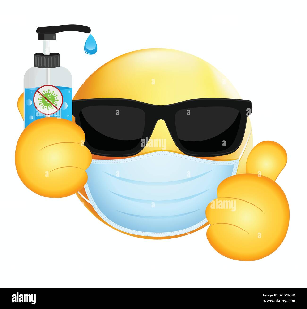 Emoji mit Sonnenbrille, Daumen hoch und Maske. Gelb krank emoji Tragen von Sonnenbrillen und medizinische Maske, um vor Virus-Vektor zu schützen.Medizinische Maske emoticon. Stock Vektor