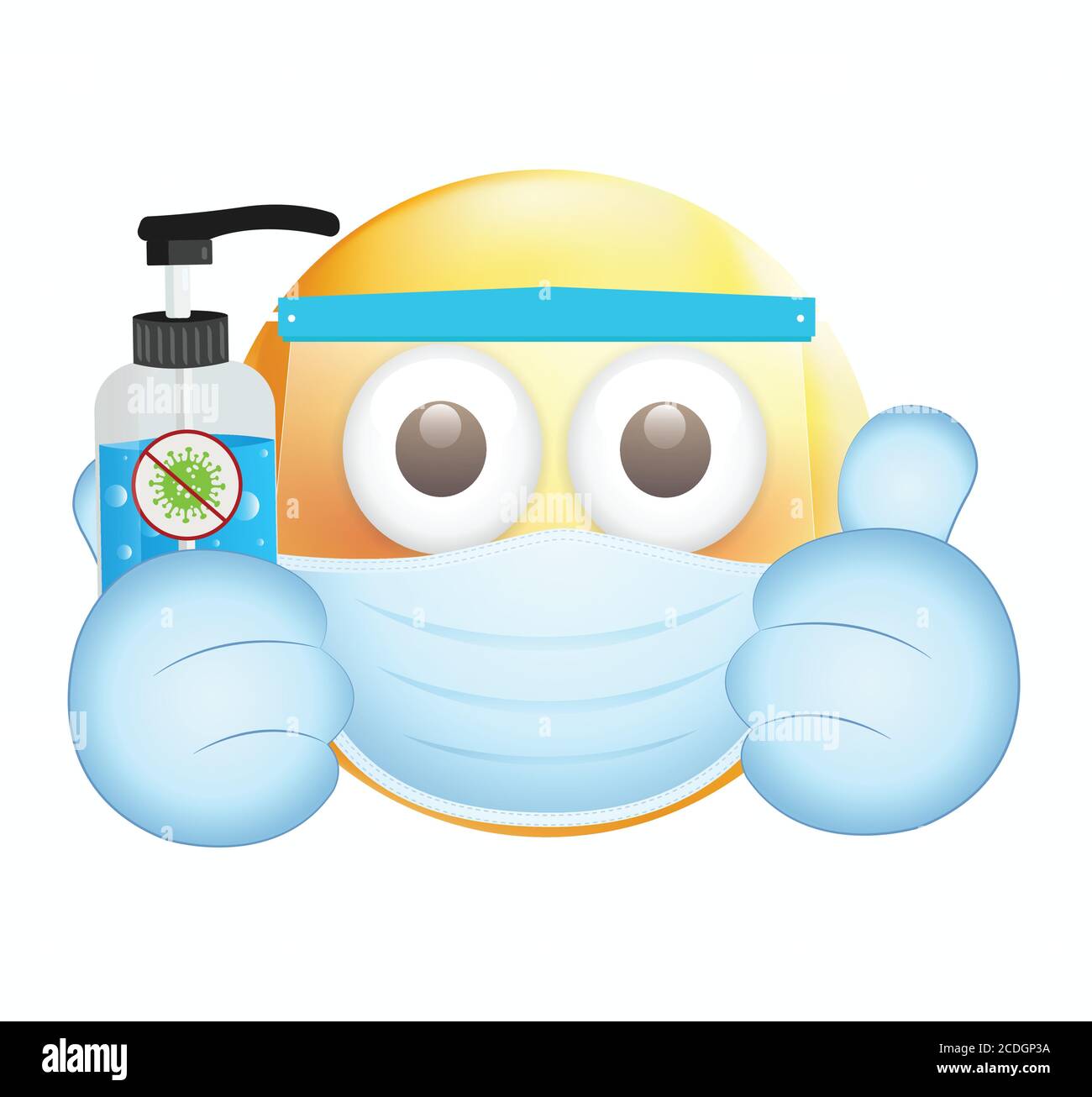 Emoji mit Desinfektionsmittel.Gesicht mit medizinischer Maske und Handwäsche emoji.Maske emoji. Medizinische Maske Emoticon.Daumen nach oben Emoji. Stock Vektor
