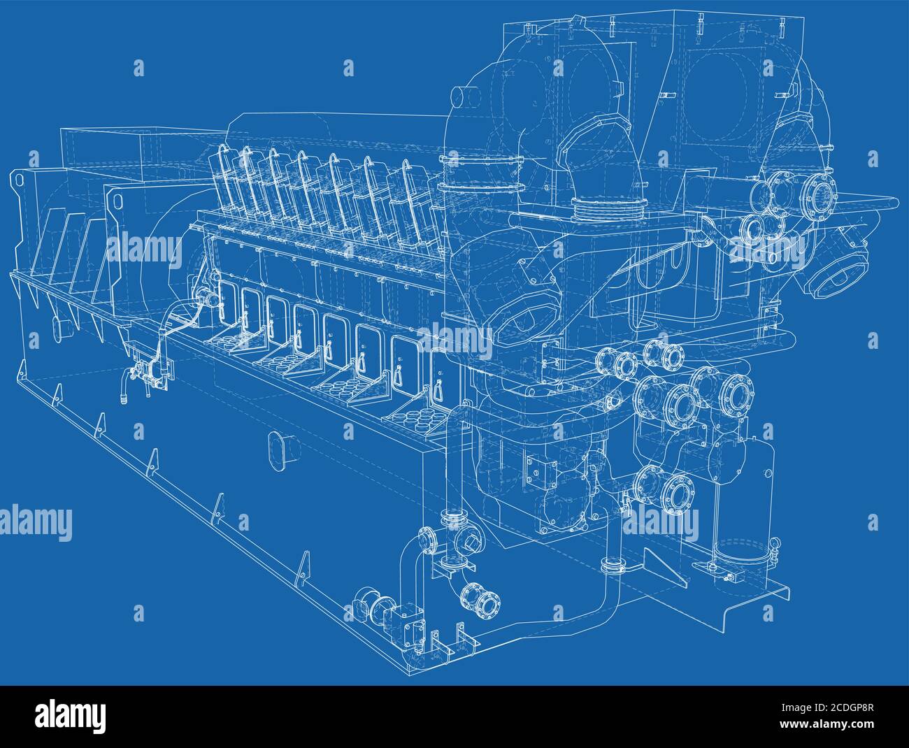 Gasmotor. Gasmotor ist ein Verbrennungsmotor, der mit einem Treibstoff betrieben wird. Drahtrahmenlinie isoliert auf weiß. Vektordarstellung von 3d. Stock Vektor
