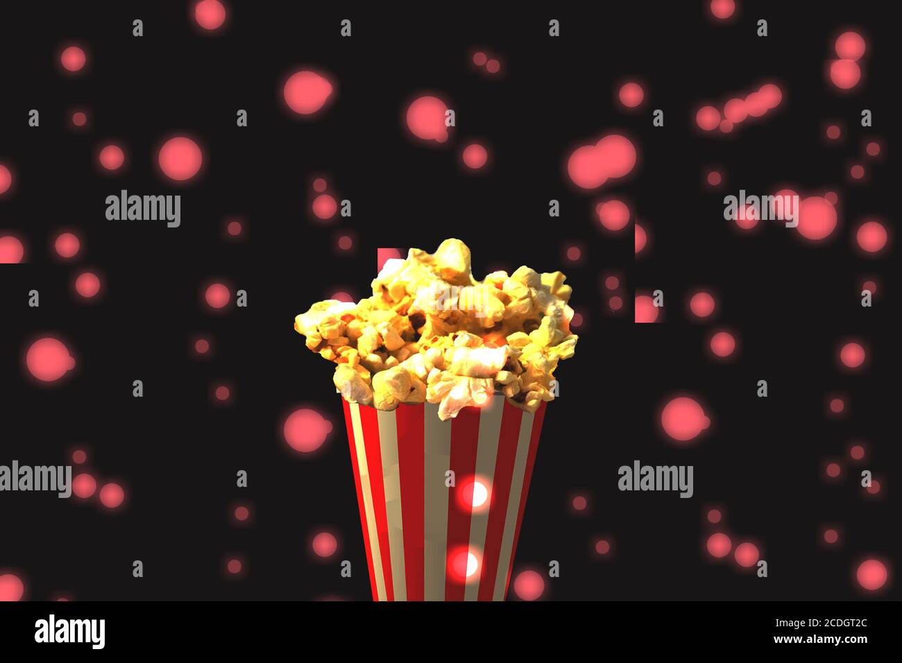 Kreativer filmischer Hintergrund Popcorn Werbung für die Filmindustrie., 3D renden POPCORN . Hohe realistische Illustration professionelle Visualisierung Stockfoto