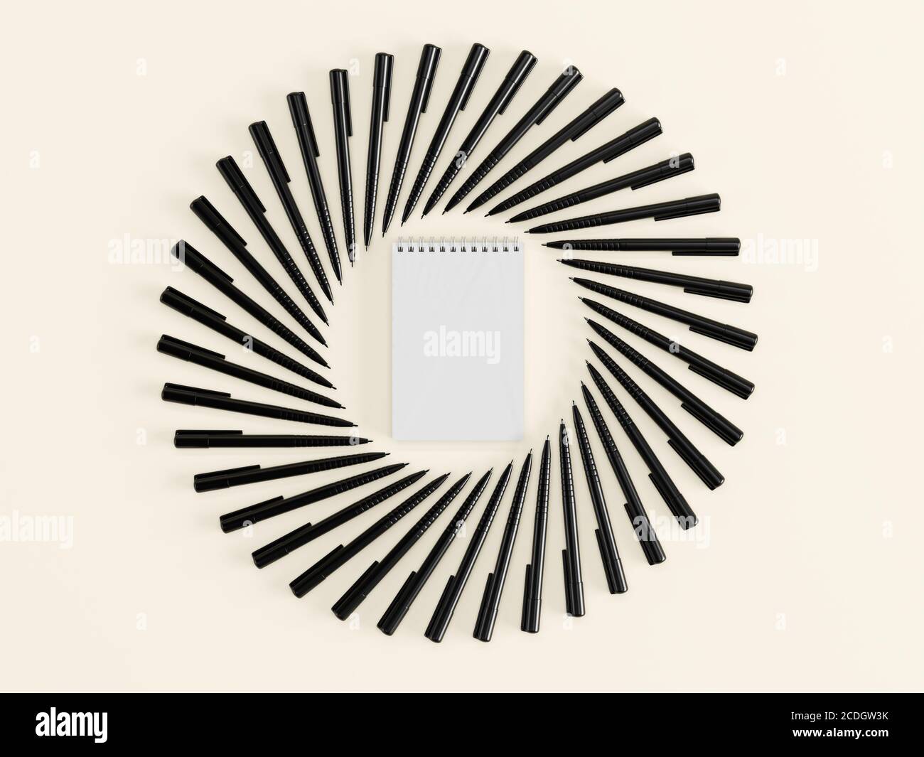 Viele identische schwarze Stifte um ein weißes Notizbuch. 3D-Rendering Stockfoto
