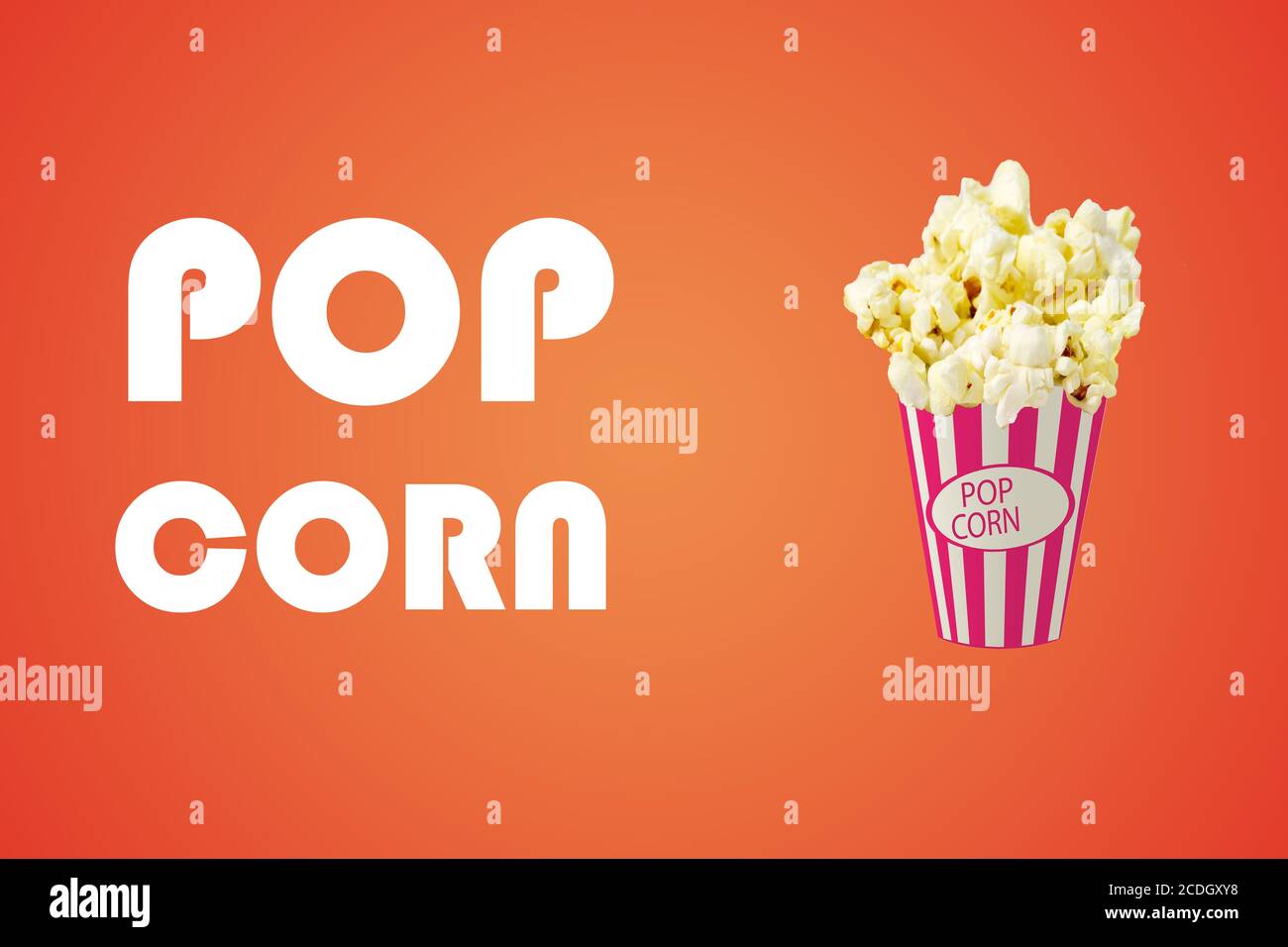 Popcorn Karton orange Hintergrund, Tasse Vorderansicht mit fett Text : POPCORN, Kino minimal Konzept, 3d-Glas Stockfoto