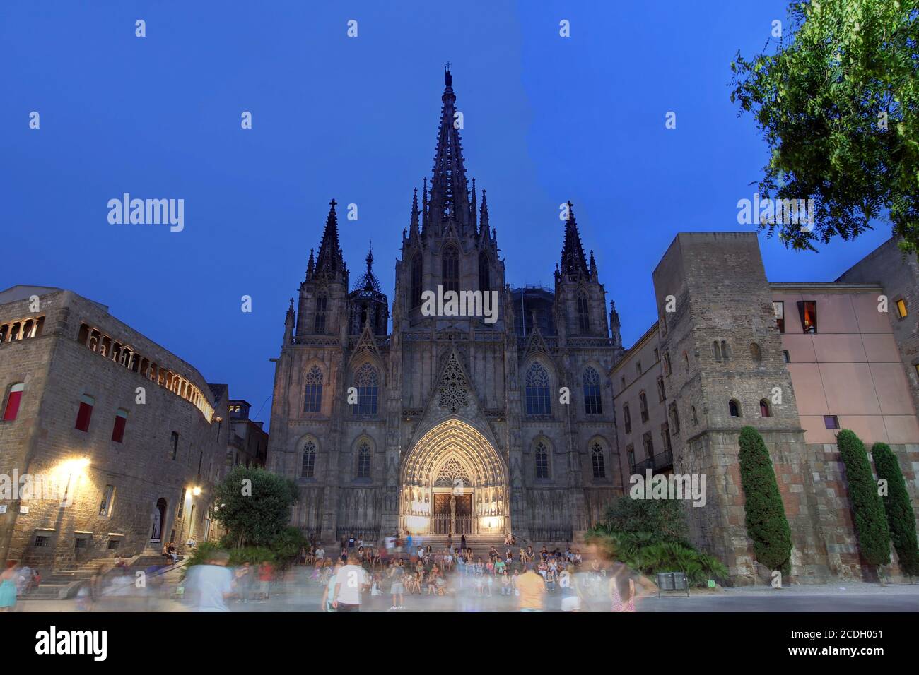 Blick in der Dämmerung auf die Kathedrale von Barcelona in Spanien im Sommer. Stockfoto