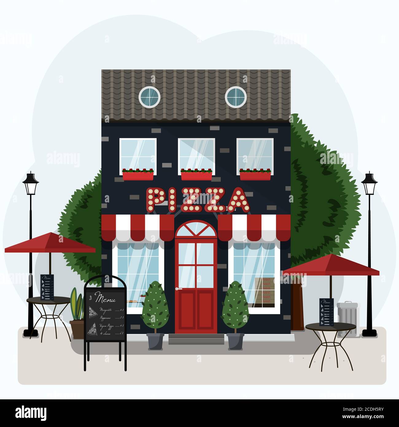 Fassade eines Pizza-Restaurants mit Tischen im Freien und Lieferung nach Hause. Vektordarstellung einer Pizzeria mit rot-weißem Baldachin, Reklametafel und Topfpflanzen. Schönes Gebäude eines italienischen Restaurants im europäischen Stil. Flache Darstellung in blauen und roten Farben. Stock Vektor
