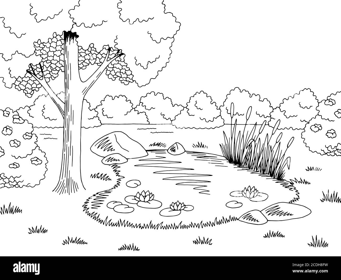 Teich Grafik schwarz weiß See Landschaft Skizze Illustration Vektor