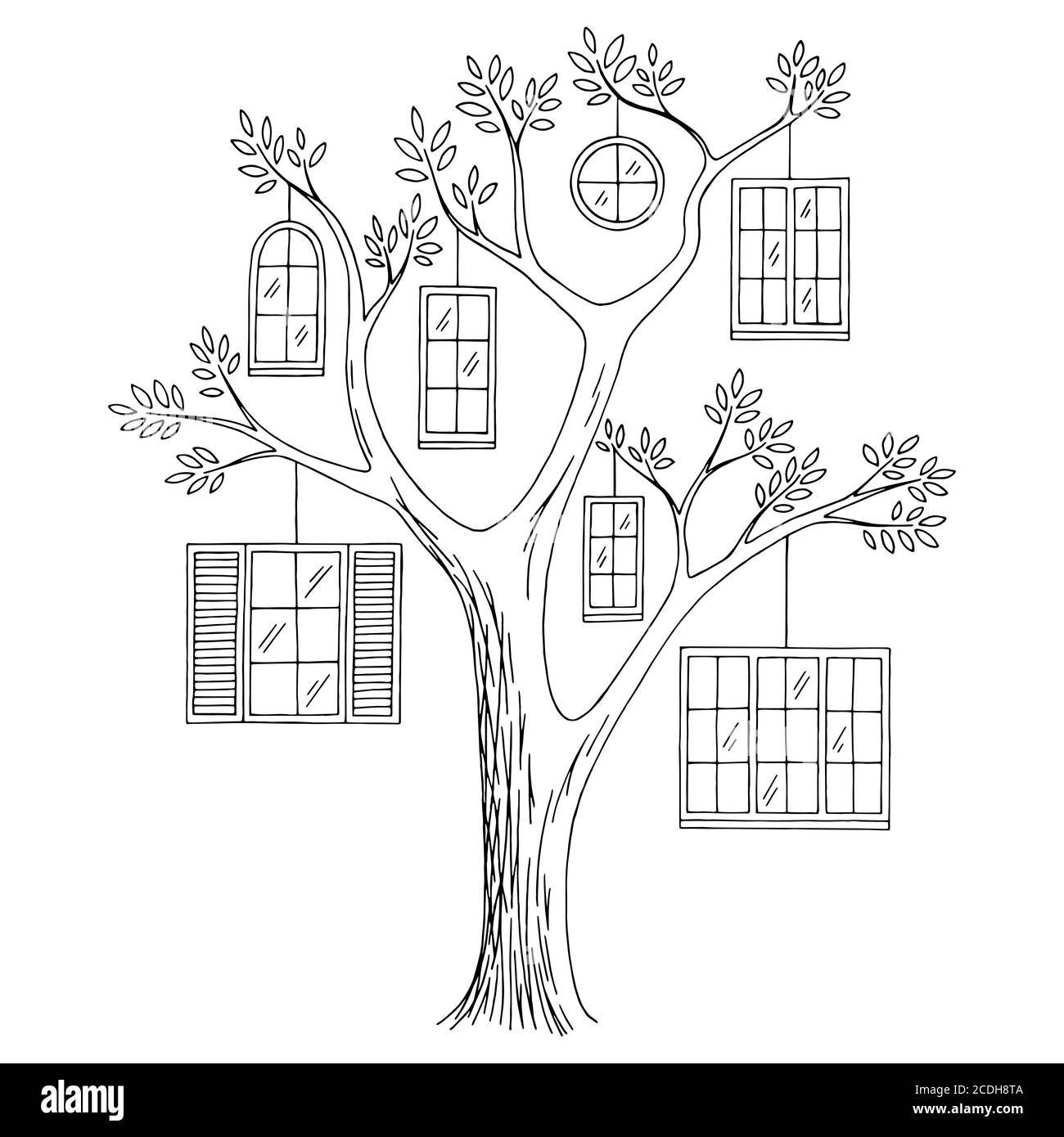 Fenster Baum Grafik schwarz weiß abstrakt Doodle Skizze Illustration Vektor Stock Vektor