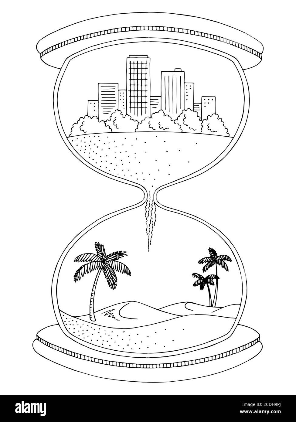 Sanduhr abstrakte Grafik schwarz weiß Stadt Wüste Landschaft Skizze Illustration vektor Stock Vektor