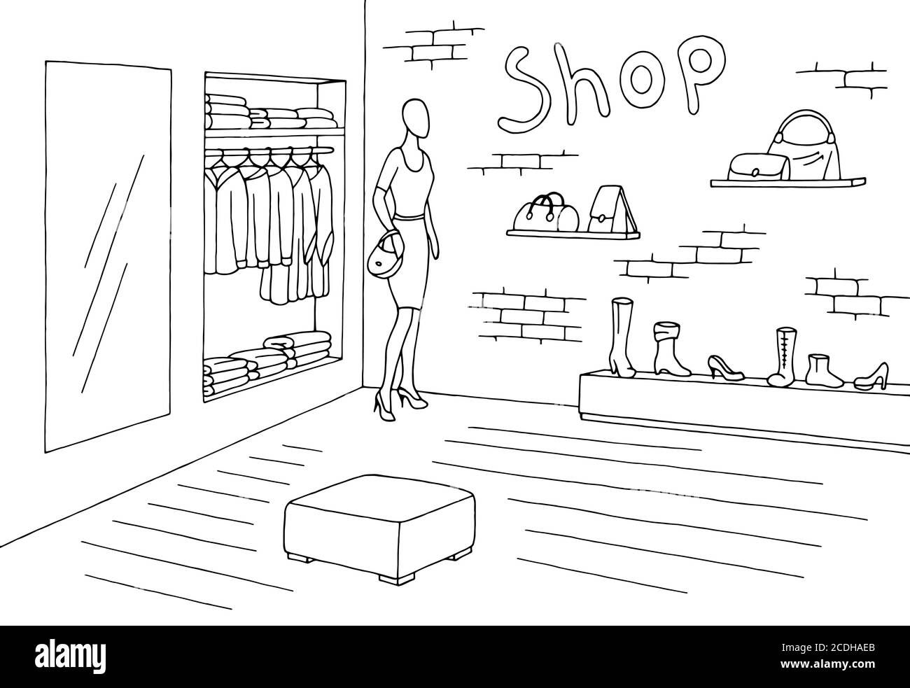 Shop Interior Grafik schwarz weiß Skizze Illustration Vektor Stock Vektor
