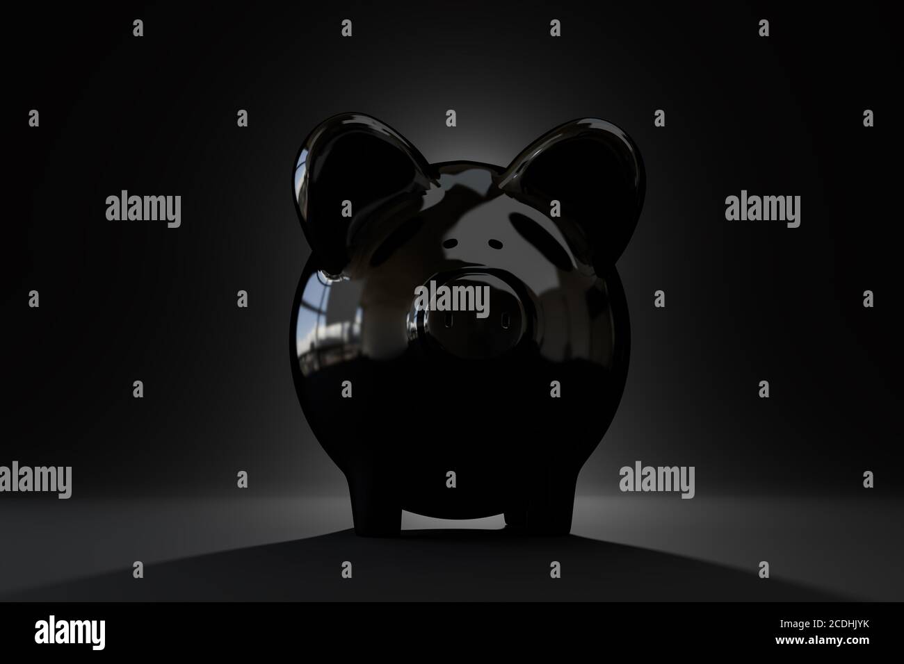 Sparkonzept Sparschwein: Low-Key-Bild eines schwarzen Sparschweines auf schwarzem Hintergrund. Beleuchtung von hinten. Stockfoto