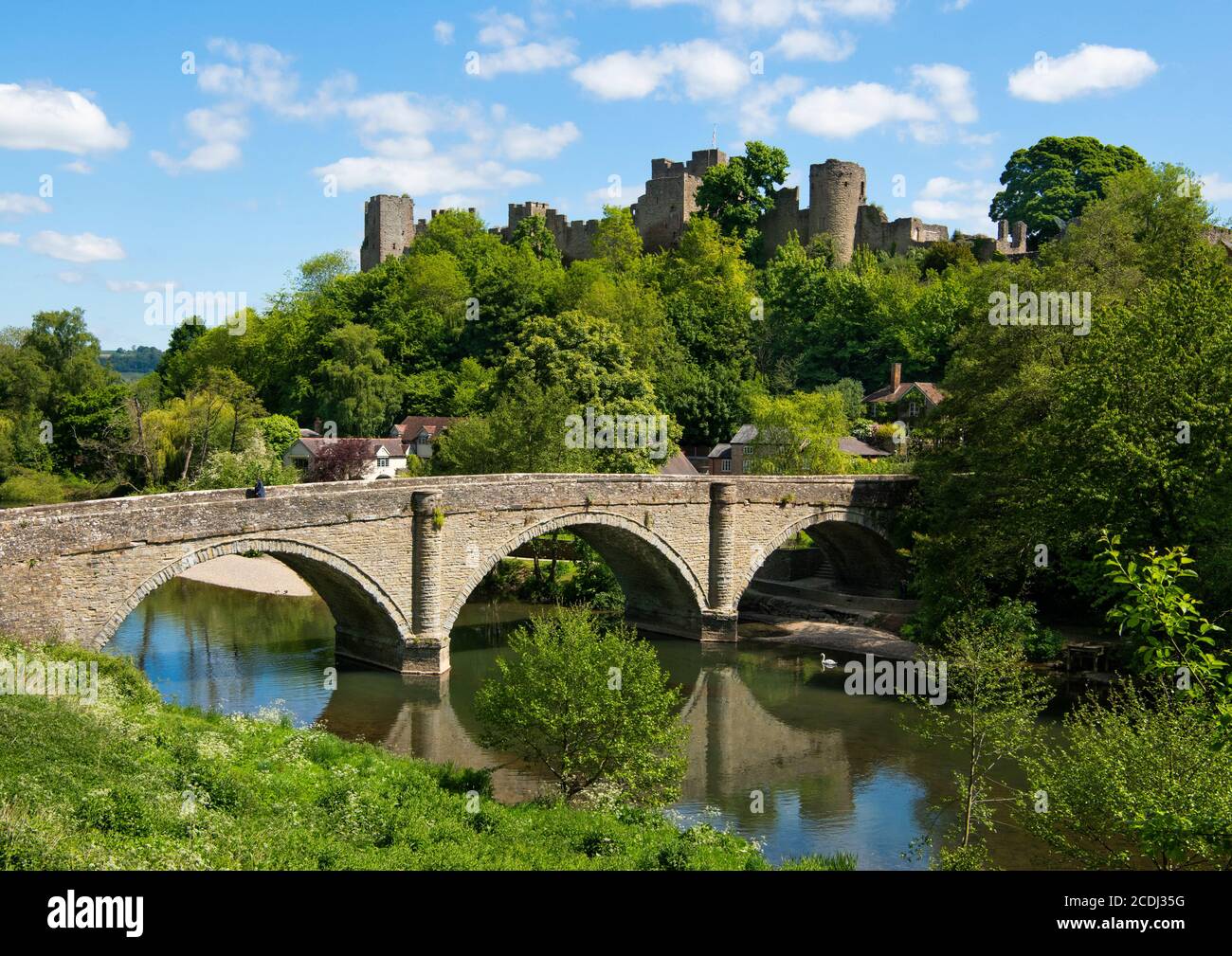 Ludlow Castle mit Blick auf Dinham Brücke und der Fluß Teme, Shropshire. Stockfoto