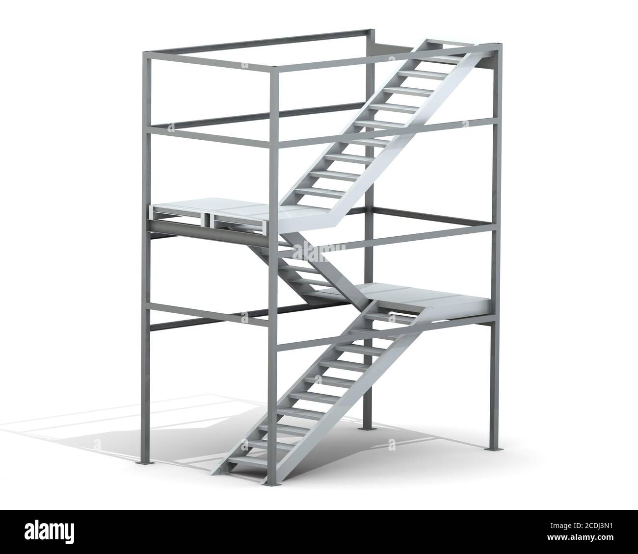 Flug der Industrietreppe. Treppe steht auf einer weißen Fläche. 3D-Illustration Stockfoto