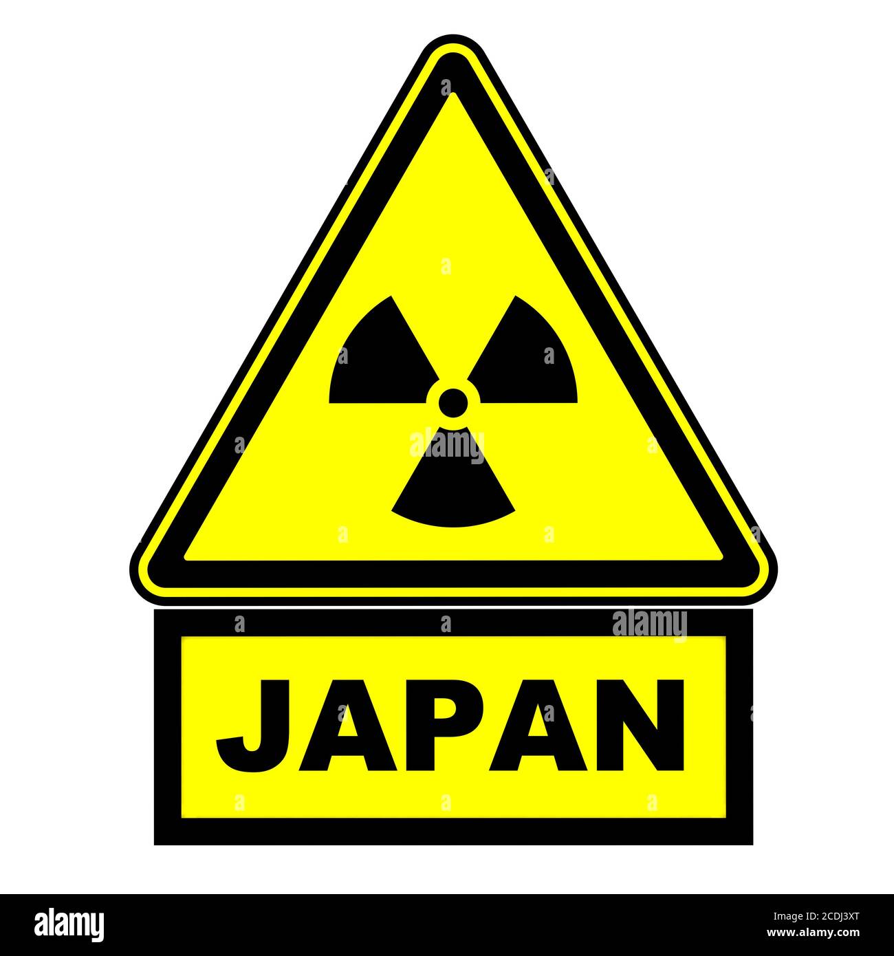 Radioaktive Gefahr in Japan. Warnschild. Ein gelbes Warnzeichen der radioaktiven Gefahr mit dem schwarzen Wort JAPAN. Isoliert. 3D-Illustration Stockfoto