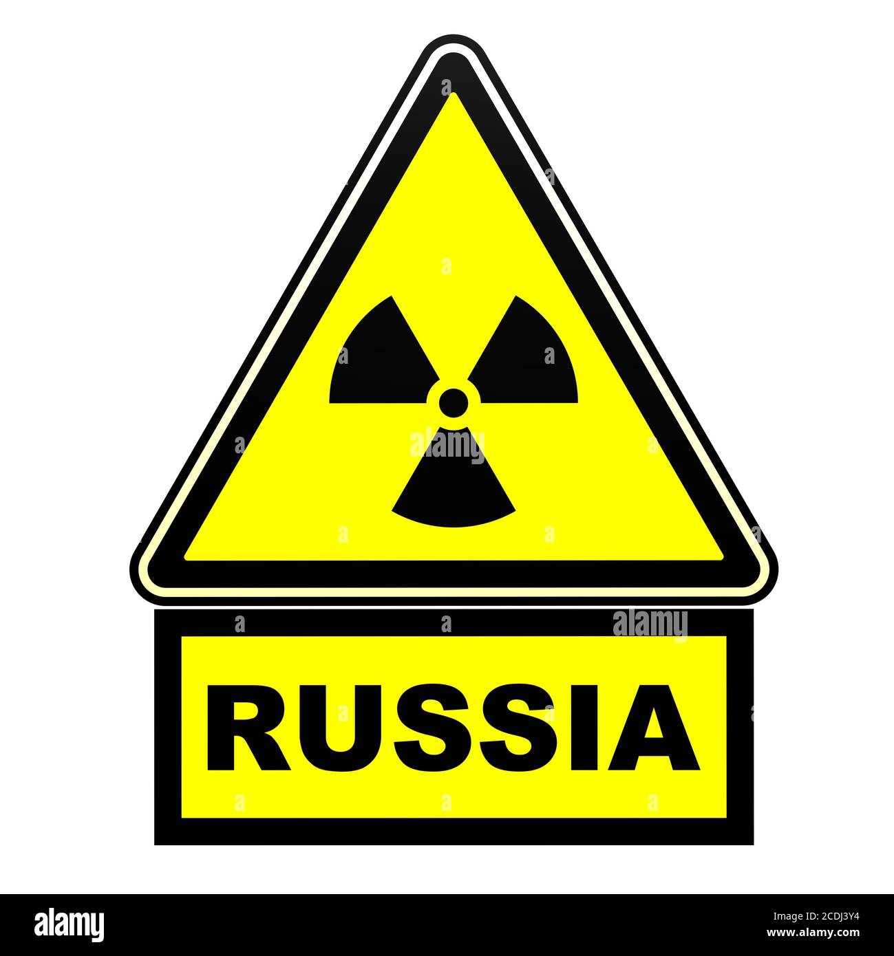 Radioaktive Gefahr in Russland. Warnschild. Ein gelbes Warnzeichen der radioaktiven Gefahr mit dem schwarzen Wort Russland. Isoliert. 3D-Illustration Stockfoto