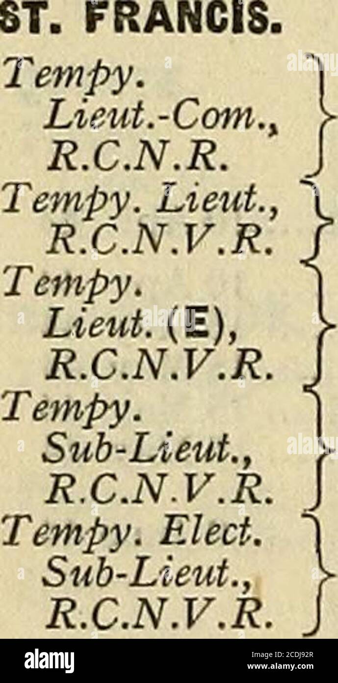 . Die Marine-Liste . ST. ELOI. Tempo. ChiefSkipper, R.C.N.R. Iw. I. V.I (in Co Power...Commmid) 31. Mai 42. J. F. Watson (arf) 17 Jan 44 (in Command) (S) I. R. Thomas 17 Jan 44 R. Fournler (ac-E. D. MacCharles, md (ACT). Juli 44 R.C.N.V.R. JTM/ij. PAJ/OT. B. F. Gorely 7. Januar 44 Lieut. Komm. J (Buchhalter)Tempo. (Sp%^T ? J-W. Loaring (arf) 2 Feb 44 R.CM.V.R. J Lietttenant (S) J. A. Charles 20 Apr 44 (S) J. C. OBrien 3 Apr 44 Lieut.-Com., (8) A. R. J. Nolan 8 Oct 43 R.N. j (Leihgabe an R.C.N.) Tempo. Lieut., M. J. McCormick (ACT) – R. Stockfoto