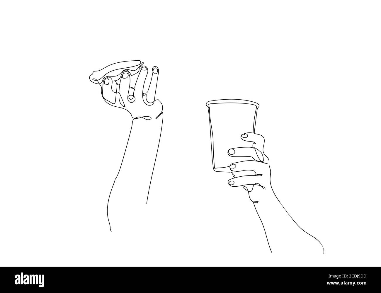 Eine ununterbrochene Linienzeichnung der Hände, die eine Tasse heißen Kaffee halten. Kunst einzelne eine Linie im Café schwarz-weißen Bild. Stockfoto