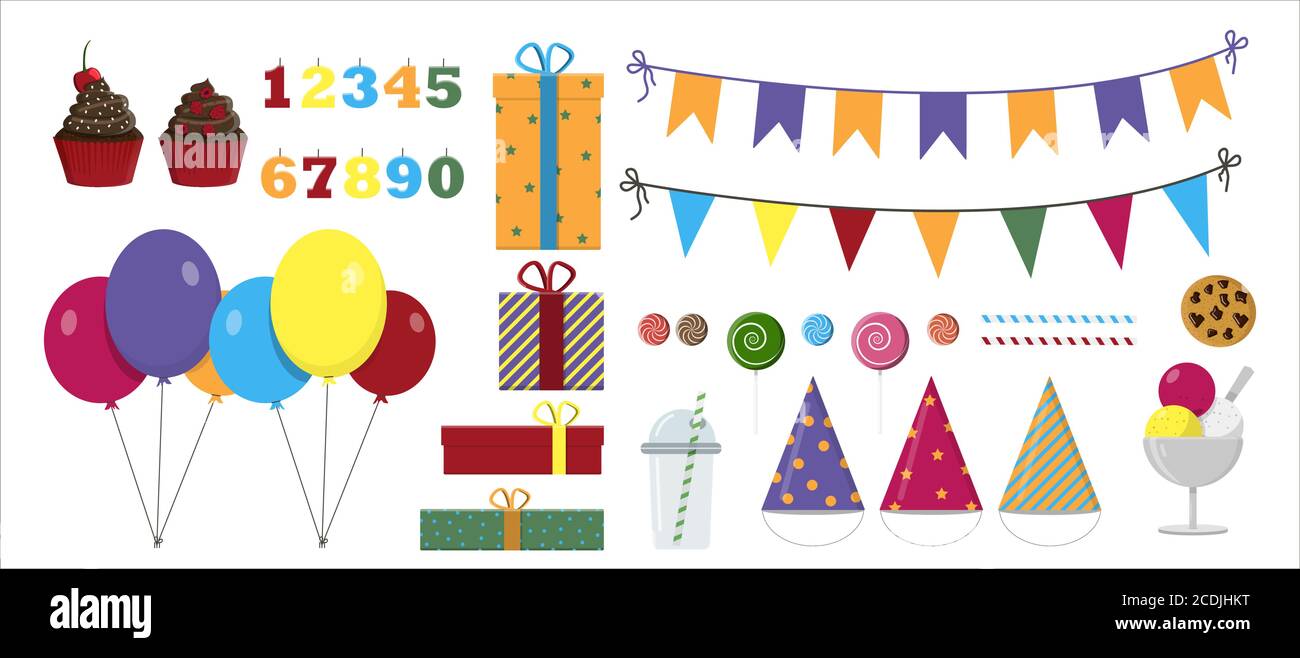 Vektor-Set für eine Party, Geburtstag. Flaches Illustration Design mit Ballons, Geschenken, Girlanden, Süßigkeiten und Getränken. Alle Urlaubsartikel im gleichen Stil. Helle Kappen für Kinderveranstaltungen Stock Vektor