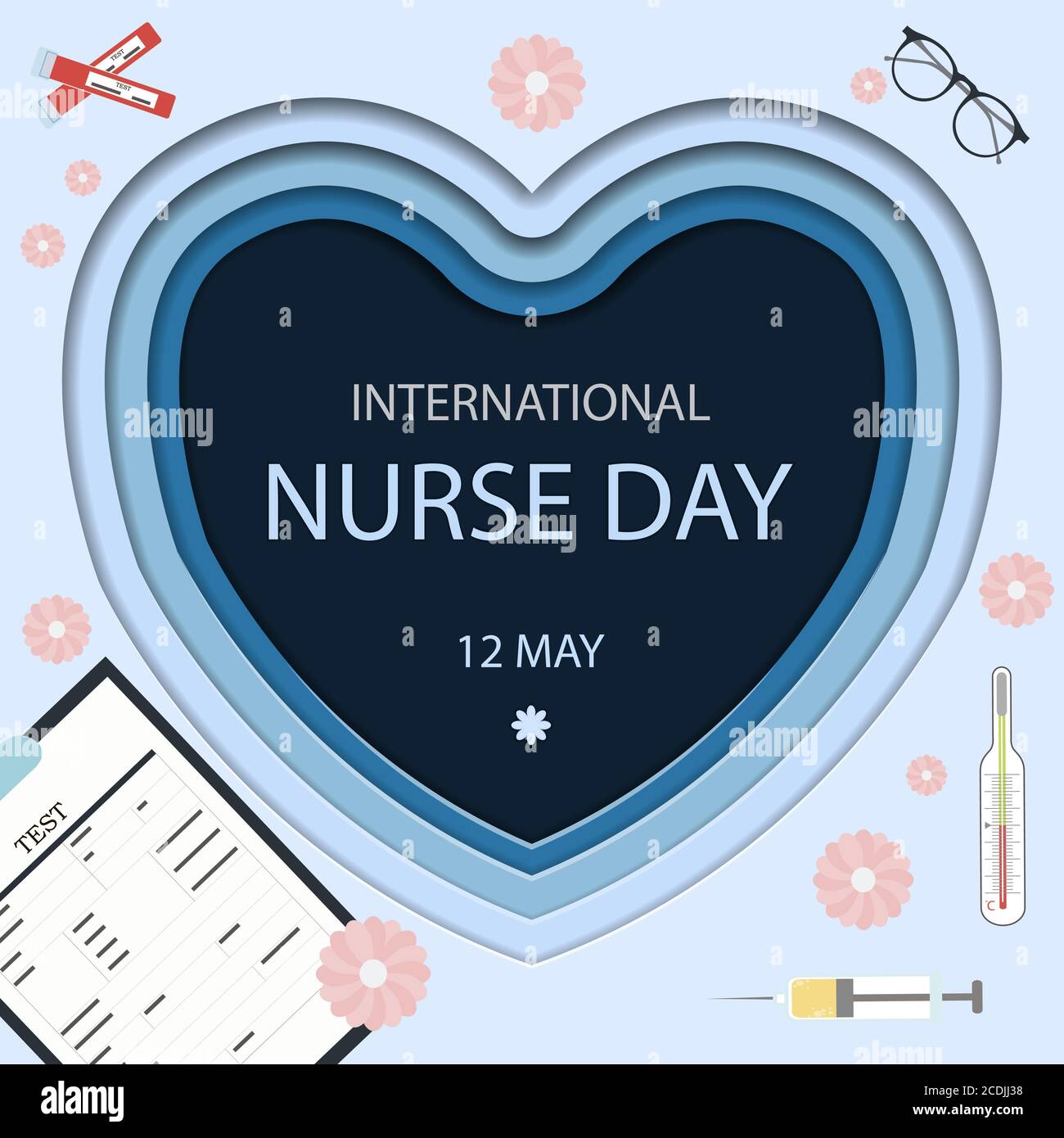 Herzlichen Glückwunsch zum internationalen Tag der Krankenschwestern am 12. Mai. Eine blaue Postkarte mit medizinischen Gegenständen, einer Spritze, einem Blutteströhrchen, einem Thermometer, einer medizinischen Broschüre und einer Brille. Eine Karte aus ausgeschnittenem Papier in Form von Herzen mit niedlichen rosa Blumen. vektor-Grußkarte für glückliche Krankenschwester s Tag Feier. Stock Vektor
