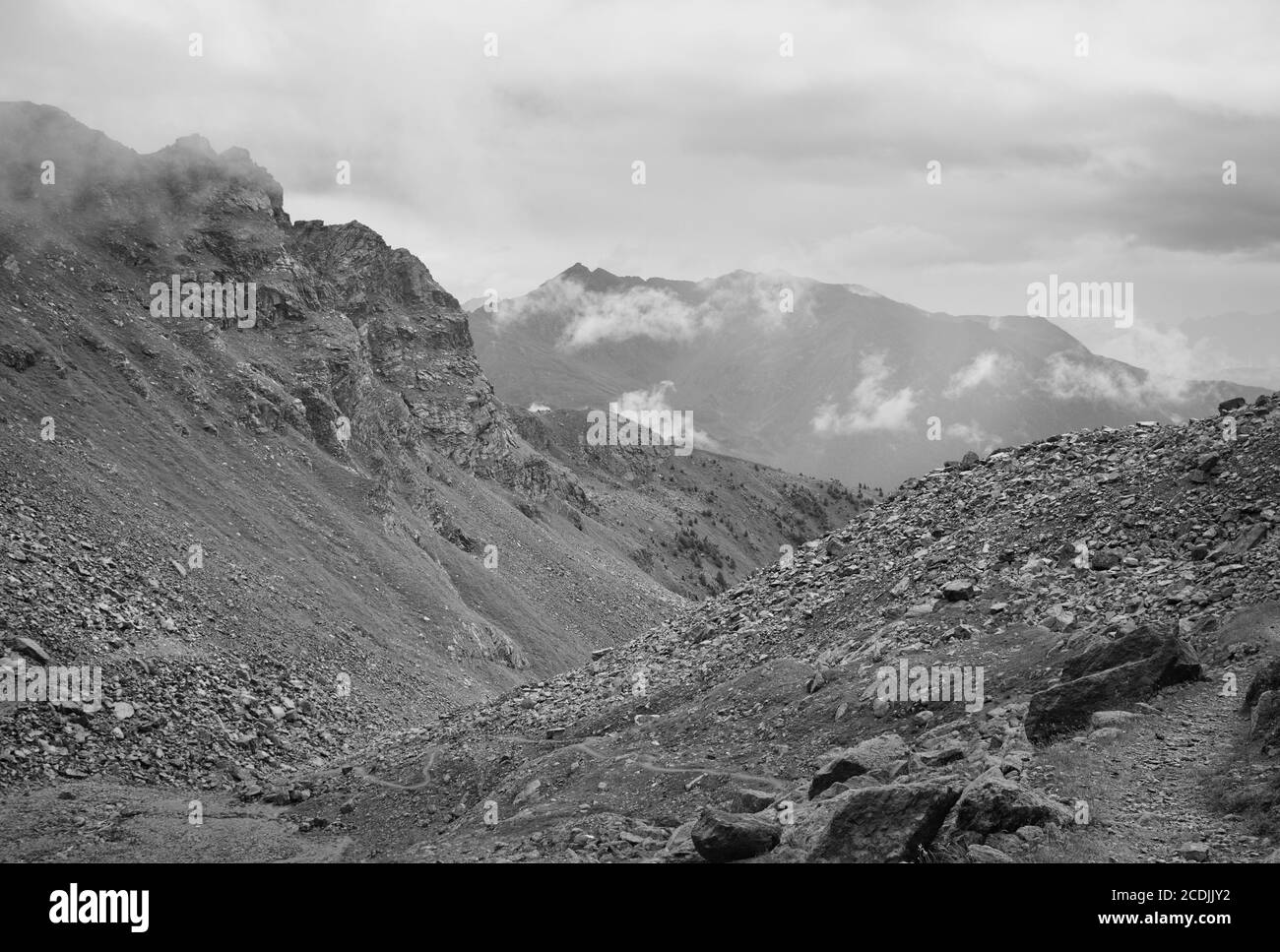 Ein desertisches Tal in den Alpen unter den Bergen an einem nebligen Tag (Peio, Trentino, Italien, Europa) Stockfoto