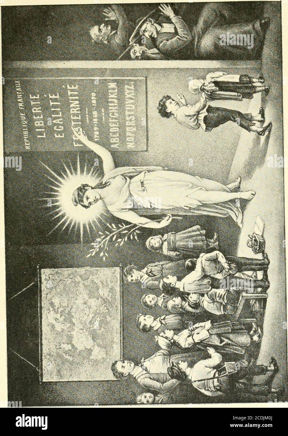 . Les seins dans l'histoire . Fiï. 220. Maturité de lâge et lexpérience unverzichtbar pour élever lajeunesse. ^Instruction (/ratuilc, ohlhjdtouc et laïque (wig. 221), seprésente sous les traits et le costume dune robuste République,fille de la Liberté et de la Vérité; sa puissante mamelle, emblèmede la régénération nationale, écarte les entraves ennavées à sonessor. Dans un coin seffondre le groupe de lObscurantisme,médusé, aveuglé par léclat de cette apparition rayonnante. Dans les représentations allégoriques, fort communes au moyenâge, des Arts libéraux (Philosophie, Grammaire, Dialectiq Stockfoto