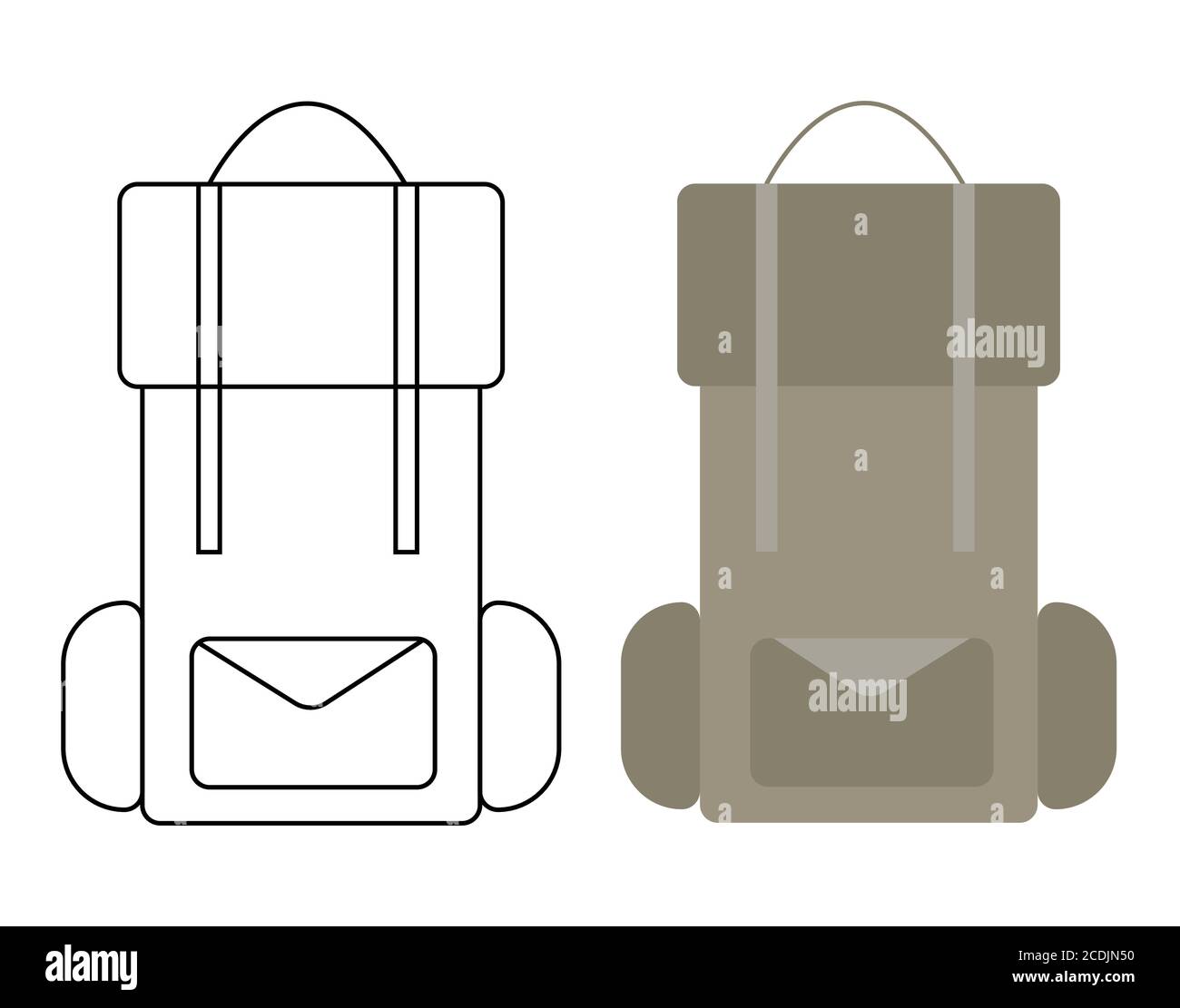 Wanderrucksack-Symbol. Umrisse und farbige Symbole. Isoliert auf weißem Hintergrund Stock Vektor