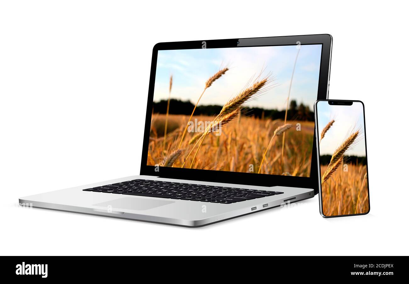Moderner Laptop-Computer mit Smartphone isoliert auf weiß Stockfoto