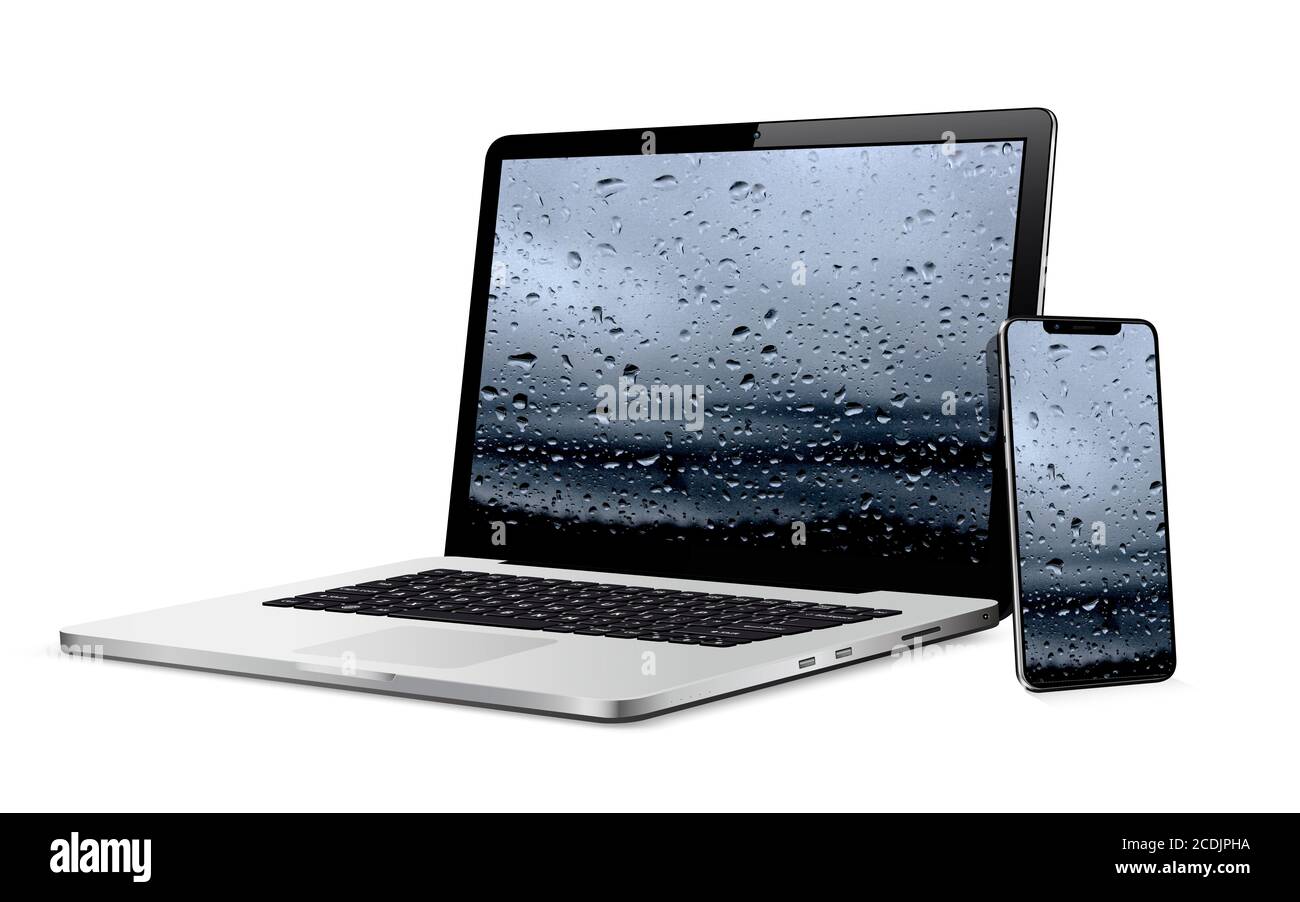 Laptop und Smartphone mit Wassertropfen Tapete auf dem Bildschirm isoliert Auf weißem Hintergrund Stockfoto