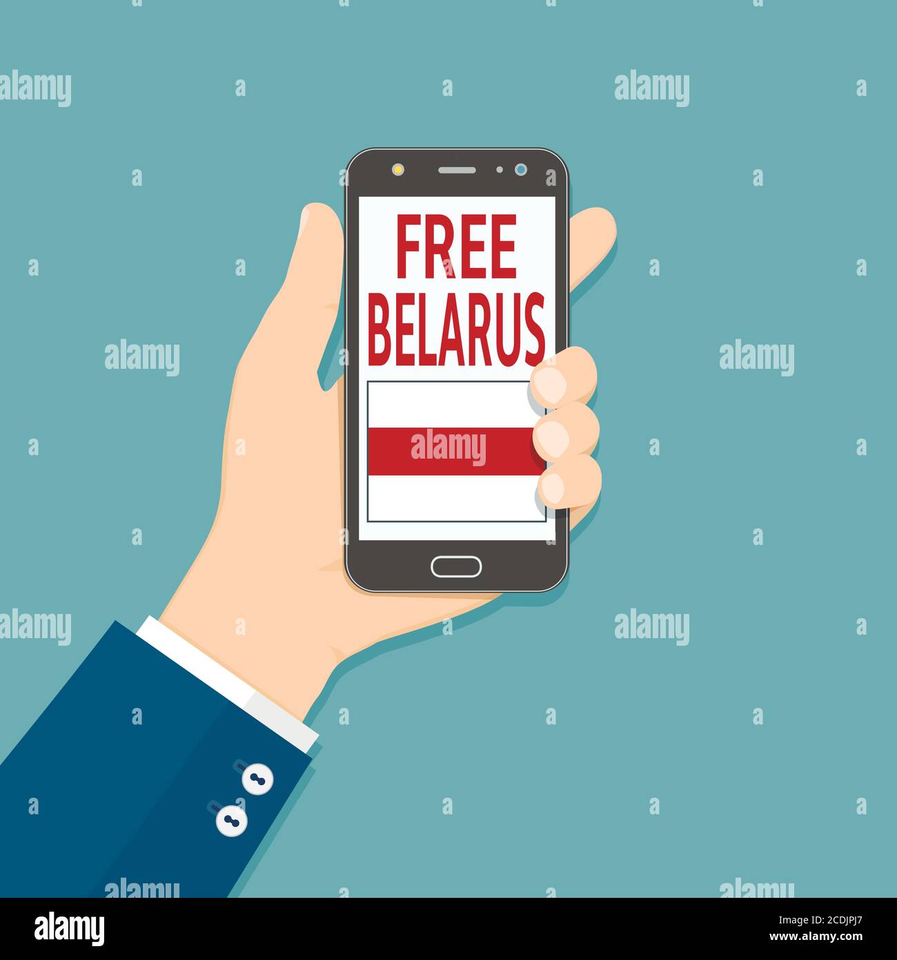 Hand halten Smartphone mit Free Belarus Text auf dem Bildschirm. Protest nach den Präsidentschaftswahlen 2020 in Belarus. Vektorgrafik Stock Vektor