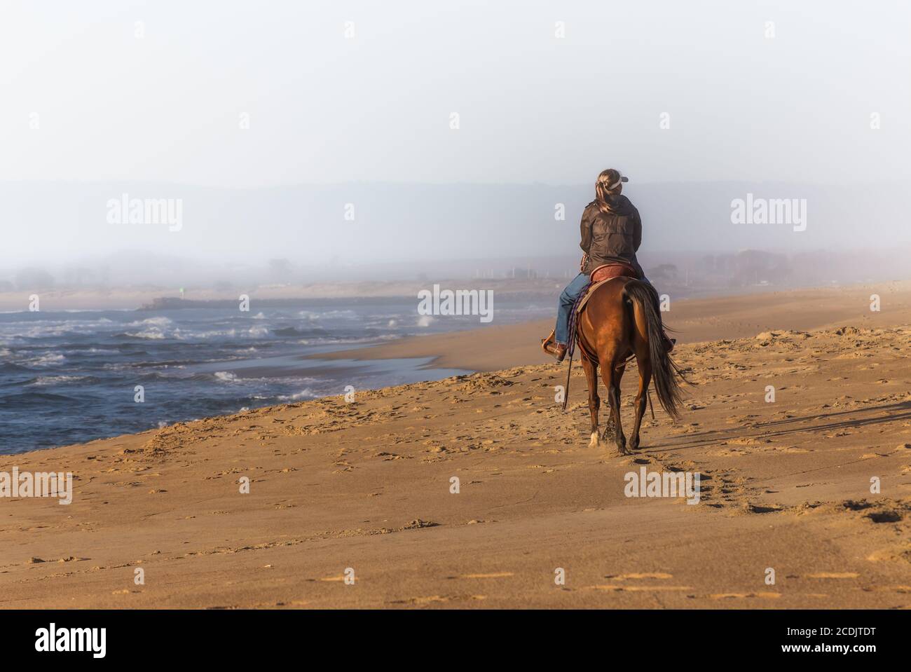 Frau Reiten Pferd in den Nebel am Strand Sonnenuntergang Stockfoto