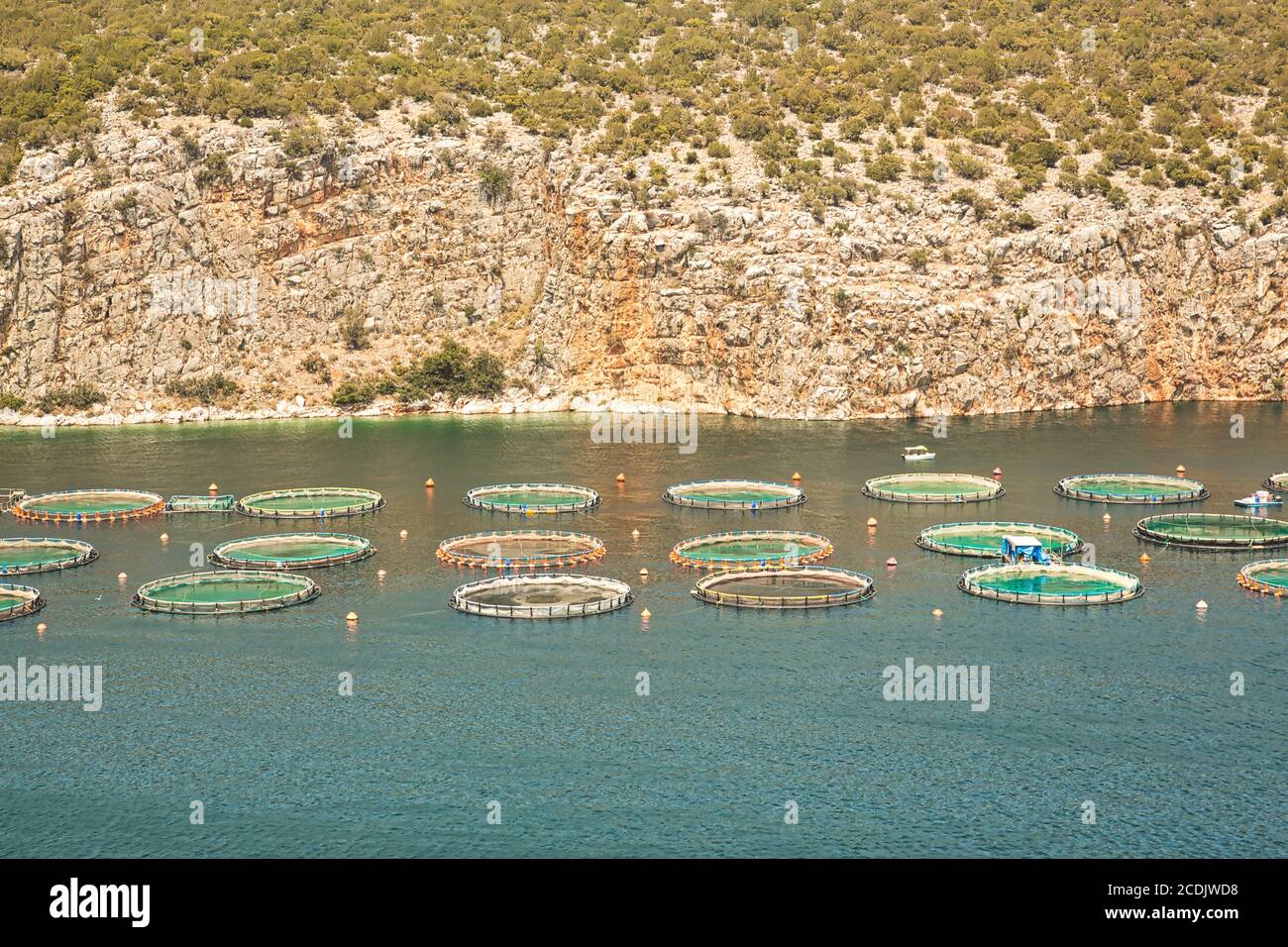 Fischfarm Käfige auf der Bucht im Mittelmeer, Griechenland. Stockfoto